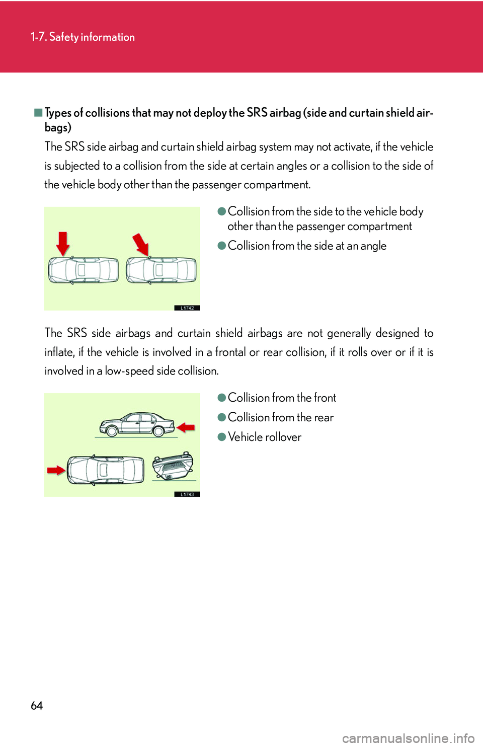 LEXUS LS430 2006 Manual PDF 64
1-7. Safety information
■Types of collisions that may not deploy the SRS airbag (side and curtain shield air-
bags)
The SRS side airbag and curtain shield airbag system may not activate, if the v LEXUS LS430 2006 Manual PDF 64
1-7. Safety information
■Types of collisions that may not deploy the SRS airbag (side and curtain shield air-
bags)
The SRS side airbag and curtain shield airbag system may not activate, if the v