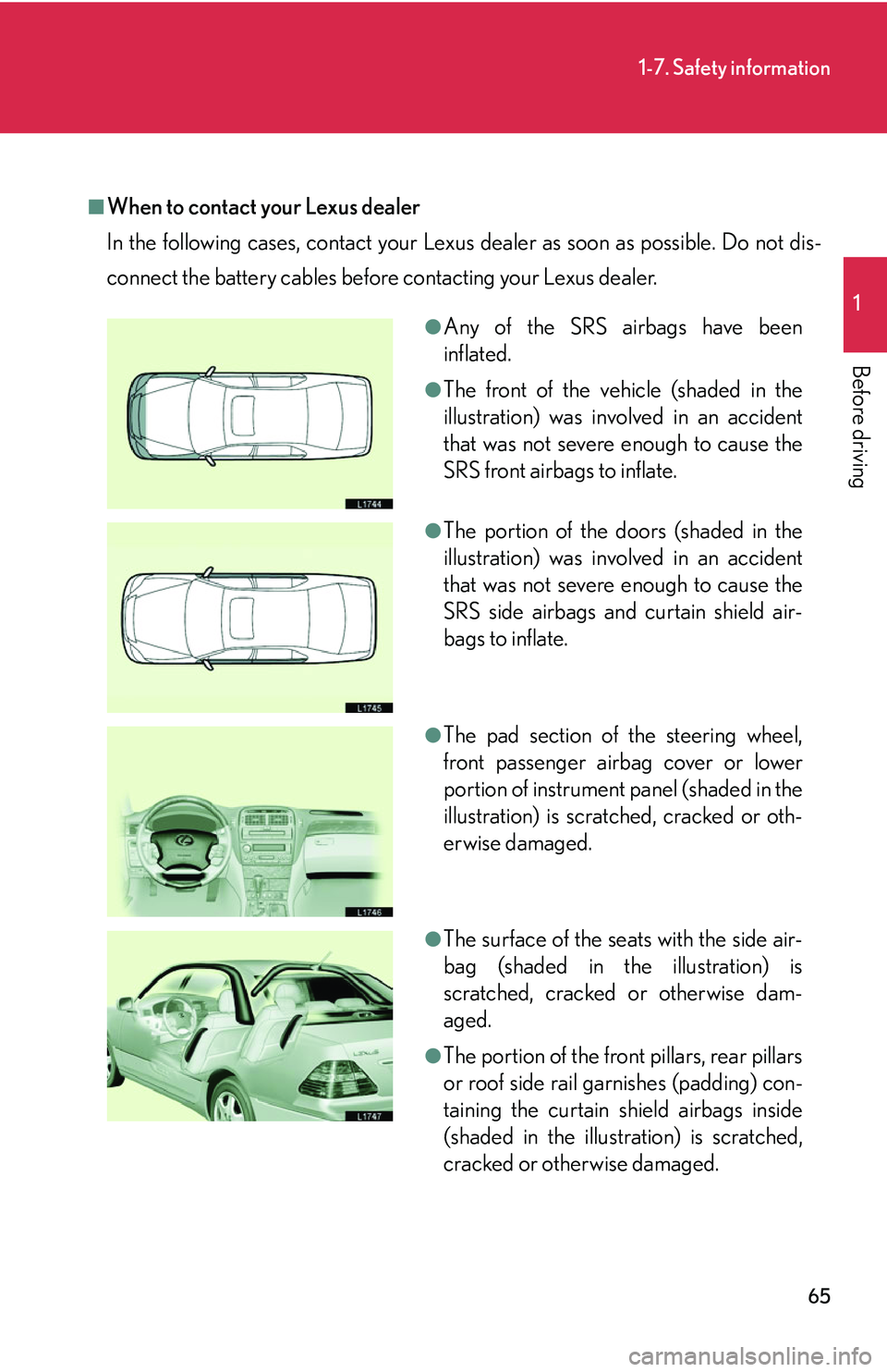 LEXUS LS430 2006 Manual Online 65
1-7. Safety information
1
Before driving
■When to contact your Lexus dealer
In the following cases, contact your Lexus dealer as soon as possible. Do not dis-
connect the battery cables before co LEXUS LS430 2006 Manual Online 65
1-7. Safety information
1
Before driving
■When to contact your Lexus dealer
In the following cases, contact your Lexus dealer as soon as possible. Do not dis-
connect the battery cables before co