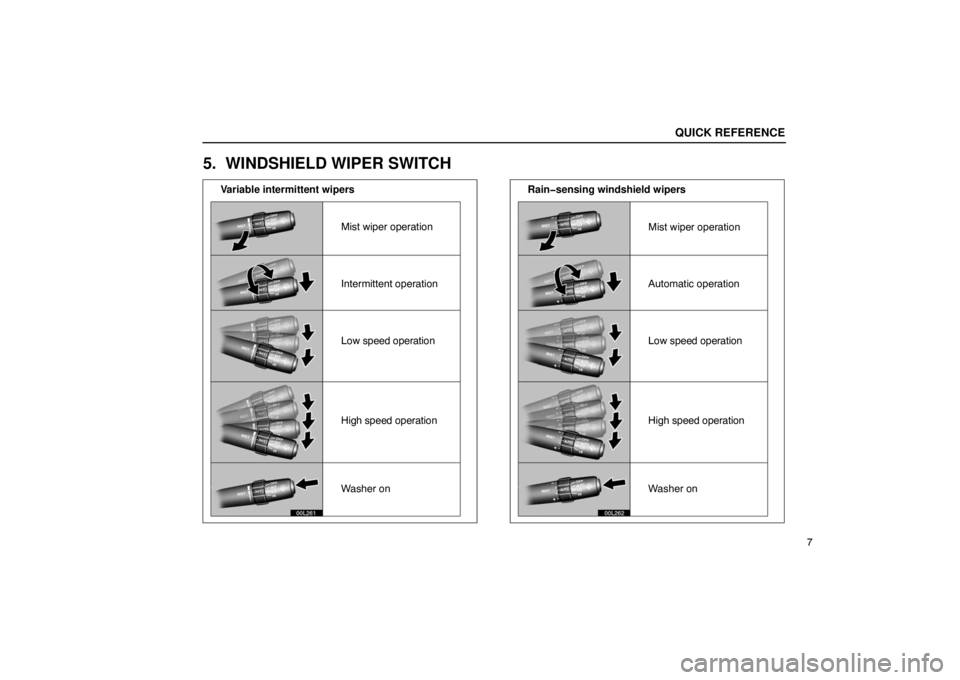 LEXUS LS430 2005 Owners Manual Variable intermittent wipersMist wiper operation
Intermittent operation
Low speed operation
High speed operation
Washer on
Mist wiper operation
Automatic operation
Low speed operation
High speed opera