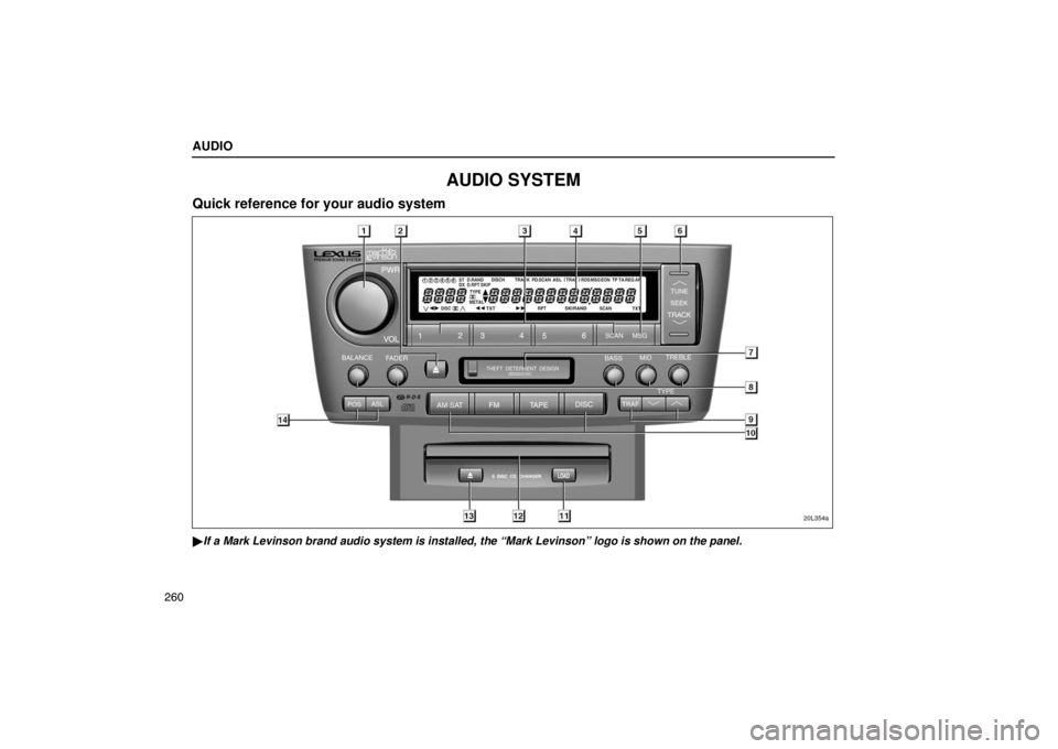 LEXUS LS430 2005  Owners Manual AUDIO
260
AUDIO SYSTEM
Quick reference for your audio system
20L354a
If a Mark Levinson brand audio system is installed, the “Mark Levinso\
n” logo is shown on the panel. 