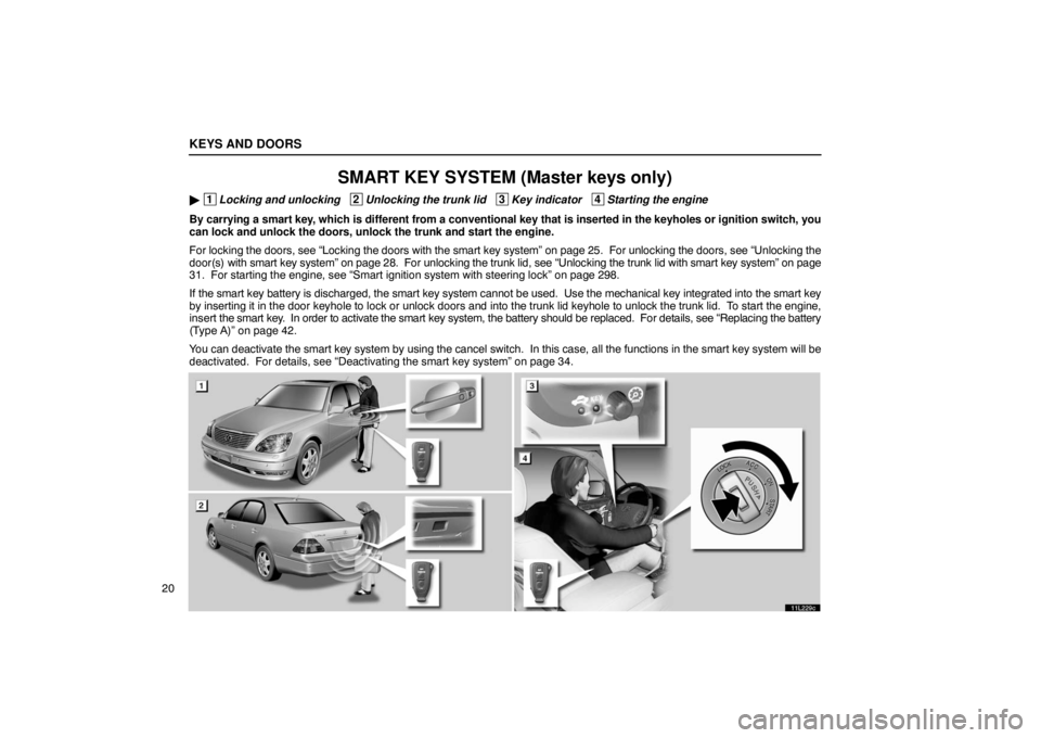 LEXUS LS430 2005 User Guide 11L229c
KEYS AND DOORS
20
SMART KEY SYSTEM (Master keys only)
 1Locking and unlocking   2Unlocking the trunk lid   3Key indicator   4Starting the engine
By carrying a smart key, which is different fr