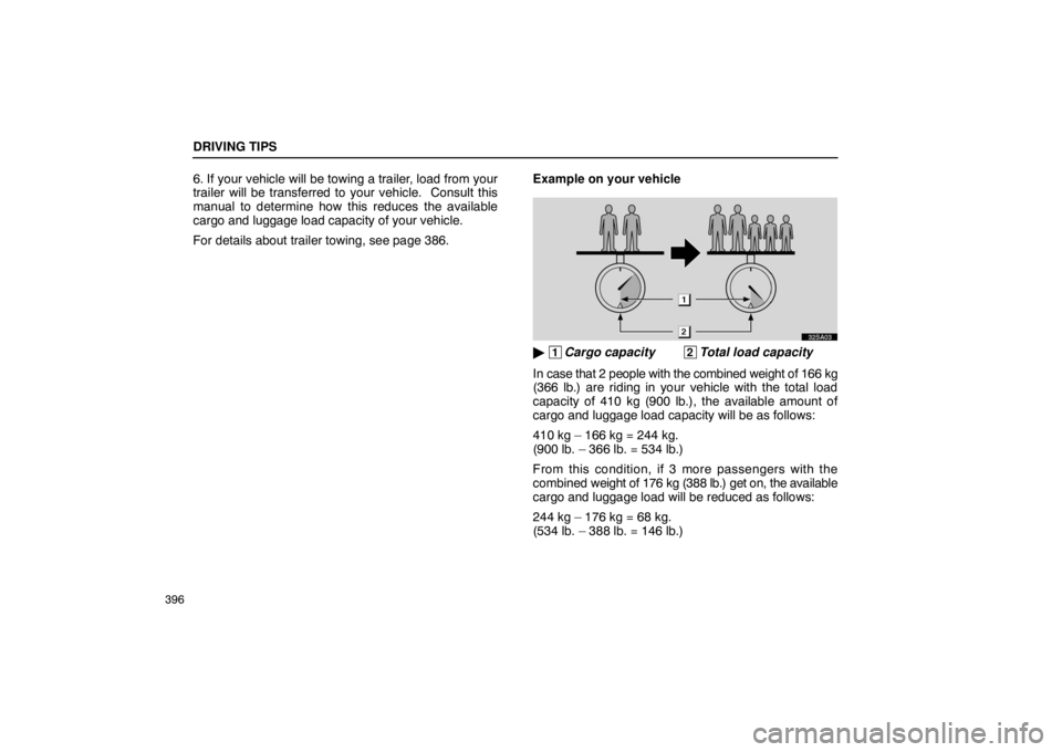 LEXUS LS430 2005  Owners Manual DRIVING TIPS
396
6. If your vehicle will be towing a trailer, load from your
trailer will be transferred to your vehicle.  Consult this
manual to determine how this reduces the available
cargo and lug