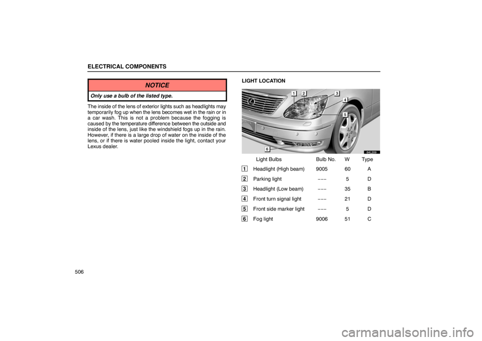 LEXUS LS430 2005  Owners Manual ELECTRICAL COMPONENTS
506
NOTICE
Only use a bulb of the listed type.
The inside of the lens of exterior lights such as headlights may
temporarily fog up when the lens becomes wet in the rain or in
a c