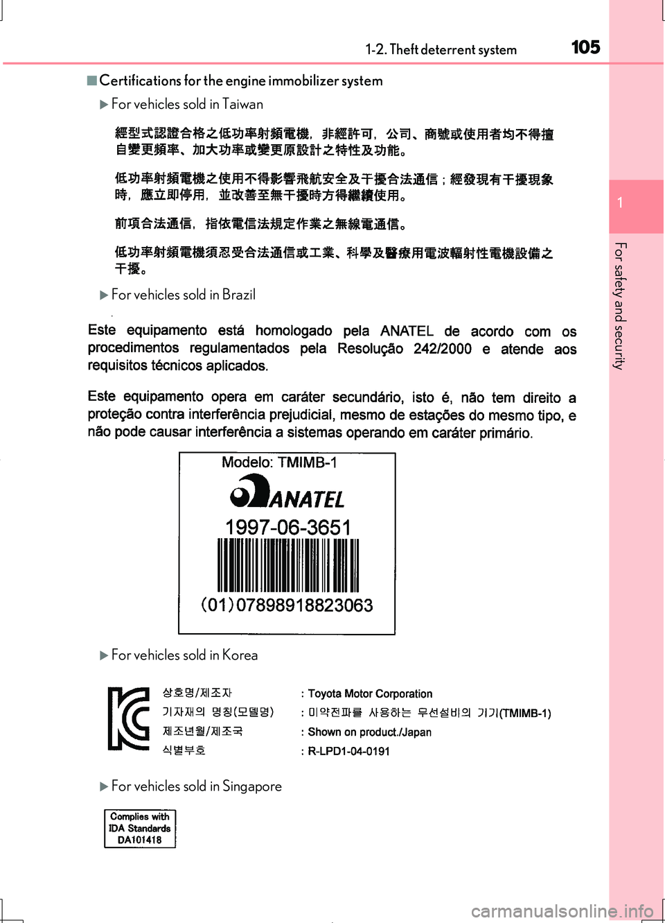 LEXUS LS460L 2016  Owners Manual 1051-2. Theft deterrent system
1
For safety and security
LS460/LS460L_GE (OM50G06E)
■Certifications for the engine immobilizer system
For vehicles sold in Taiwan
For vehicles sold in Brazil
