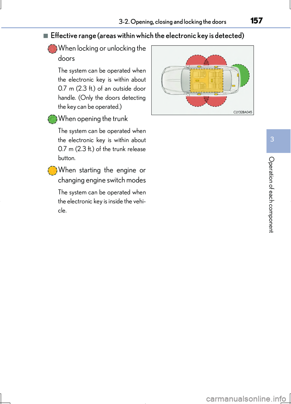 LEXUS LS460L 2016  Owners Manual 1573-2. Opening, closing and locking the doors
3
Operation of each component
LS460/LS460L_GE (OM50G06E)
■Effective range (areas within which the electronic key is detected) 
When locking or unlockin