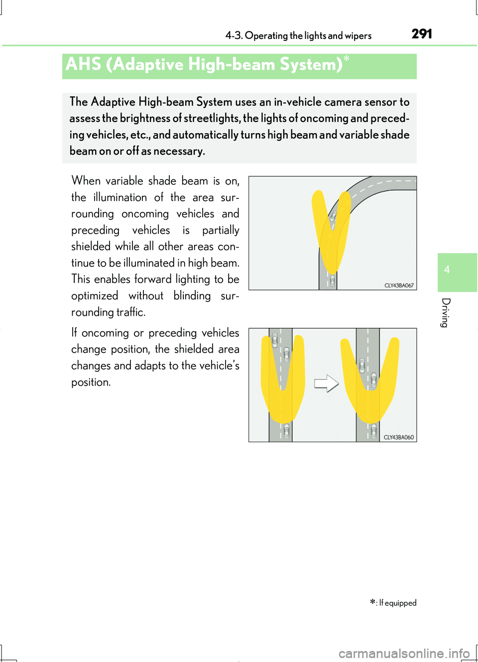LEXUS LS460L 2016 Owners Manual 2914-3. Operating the lights and wipers
4
Driving
LS460/LS460L_GE (OM50G06E)
When variable shade beam is on,
the illumination of the area sur-
rounding oncoming vehicles and
preceding vehicles is pa LEXUS LS460L 2016 Owners Manual 2914-3. Operating the lights and wipers
4
Driving
LS460/LS460L_GE (OM50G06E)
When variable shade beam is on,
the illumination of the area sur-
rounding oncoming vehicles and
preceding vehicles is pa