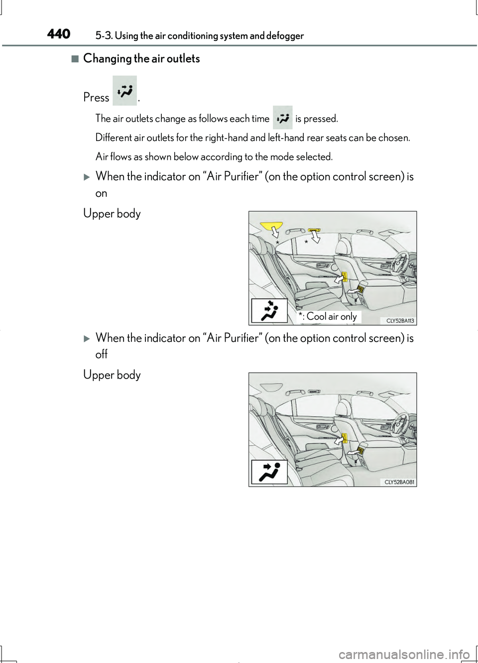 LEXUS LS460L 2016 Owners Manual 4405-3. Using the air conditioning system and defogger
LS460/LS460L_GE (OM50G06E)
■Changing the air outlets
Press .
The air outlets change as follows each time is pressed.
Different air outlets LEXUS LS460L 2016 Owners Manual 4405-3. Using the air conditioning system and defogger
LS460/LS460L_GE (OM50G06E)
■Changing the air outlets
Press .
The air outlets change as follows each time is pressed.
Different air outlets