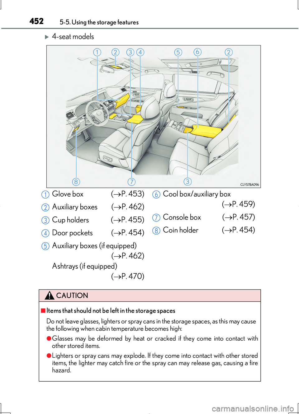 LEXUS LS460L 2016  Owners Manual 4525-5. Using the storage features
LS460/LS460L_GE (OM50G06E)
4-seat models
Glove box  (P. 453) 
Auxiliary boxes  ( P. 462) 
Cup holders  ( P. 455) 
Door pockets  ( P. 454) 
Auxiliary b