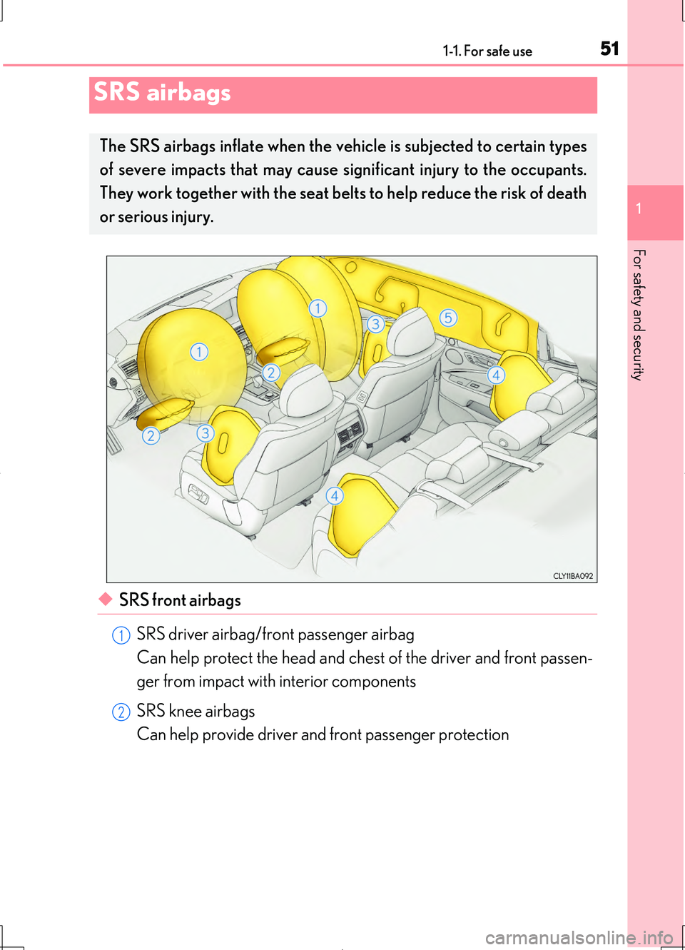LEXUS LS460L 2016 Workshop Manual 511-1. For safe use
1
For safety and security
LS460/LS460L_GE (OM50G06E)
◆SRS front airbags 
SRS driver airbag/front passenger airbag 
Can help protect the head and chest of the driver and front pas