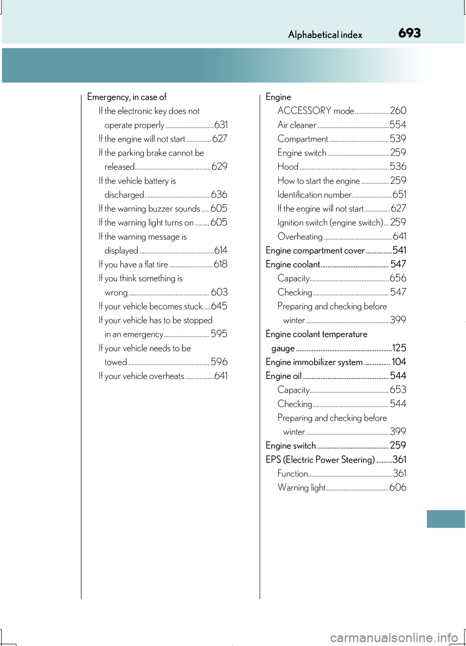 LEXUS LS460L 2016 Workshop Manual 693Alphabetical index
LS460/LS460L_GE (OM50G06E)
Emergency, in case of 
If the electronic key does not  
operate properly ..............................631 
If the engine will not start ..............