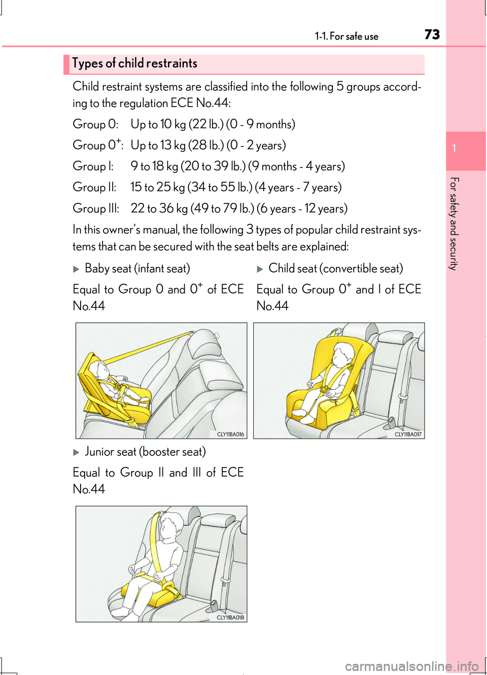 LEXUS LS460L 2016 Manual PDF 731-1. For safe use
1
For safety and security
LS460/LS460L_GE (OM50G06E)
Child restraint systems are classified into the following 5 groups accord- 
ing to the regulation ECE No.44: 
Group 0: Up to 10