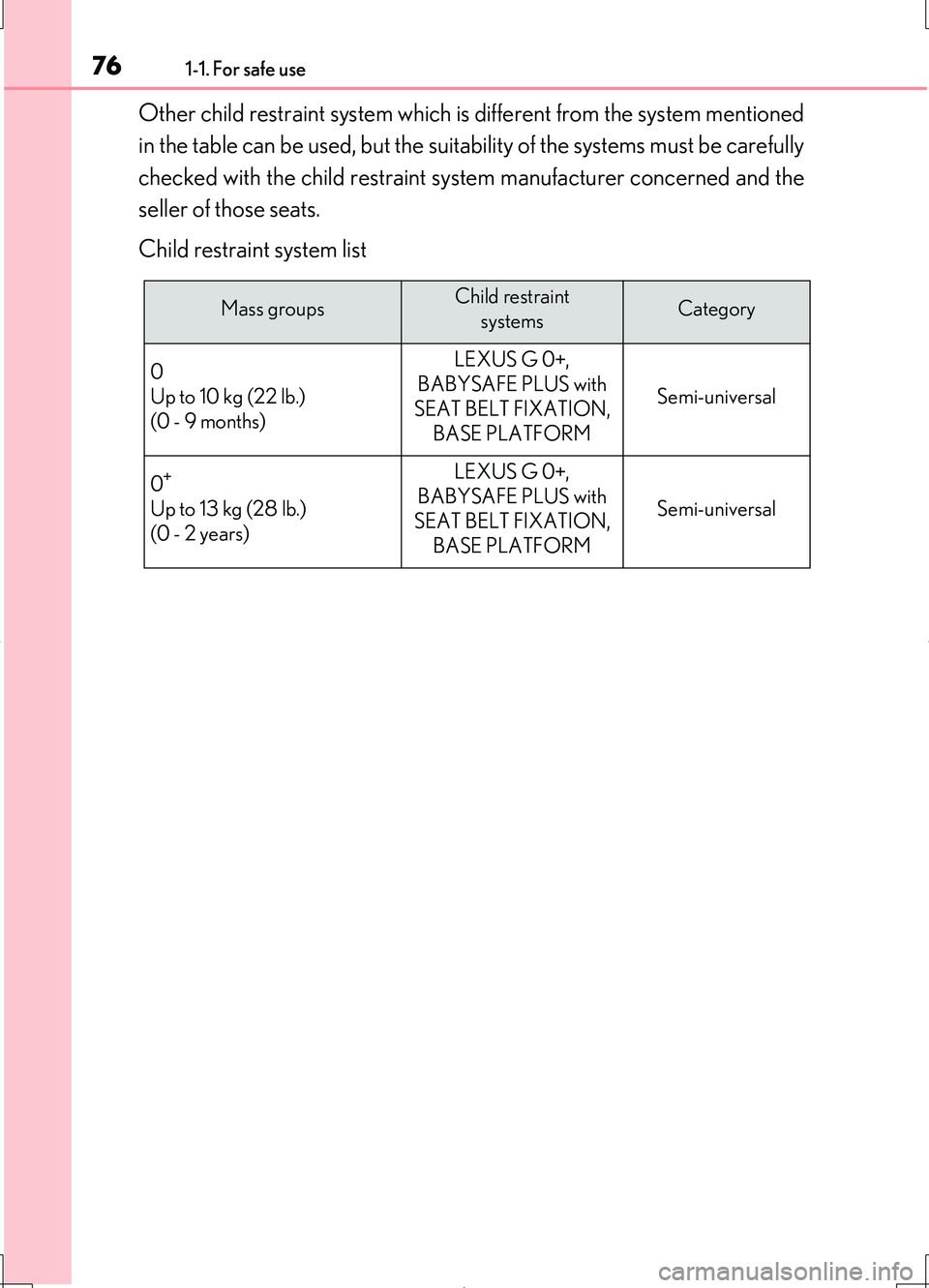 LEXUS LS460L 2016 Manual PDF 761-1. For safe use
LS460/LS460L_GE (OM50G06E)
Other child restraint system which is different from the system mentioned 
in the table can be used, but the suitability of the systems must be carefully