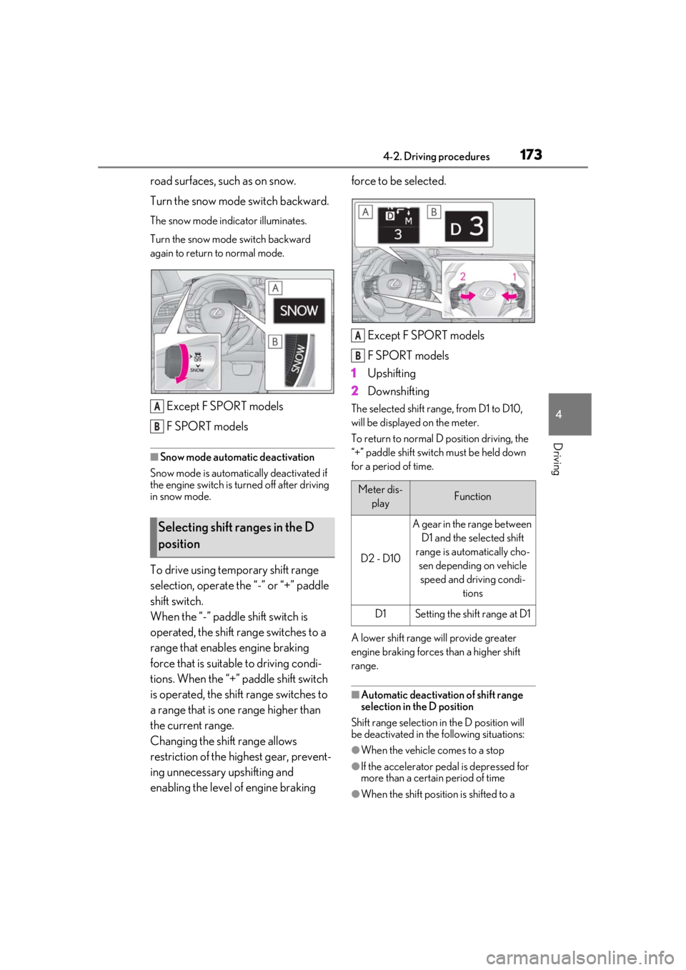 LEXUS LS500 2020 Repair Manual 1734-2. Driving procedures
4
Driving
road surfaces, such as on snow.
Turn the snow mode switch backward.
The snow mode indicator illuminates.
Turn the snow mode switch backward
again to return to nor LEXUS LS500 2020 Repair Manual 1734-2. Driving procedures
4
Driving
road surfaces, such as on snow.
Turn the snow mode switch backward.
The snow mode indicator illuminates.
Turn the snow mode switch backward
again to return to nor