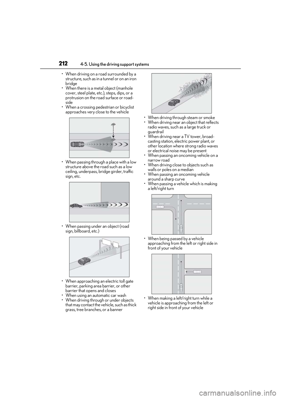 LEXUS LS500 2020  Owners Manual 2124-5. Using the driving support systems
• When driving on a road surrounded by a structure, such as in a tunnel or on an iron 
bridge
• When there is a metal object (manhole  cover, steel plate,