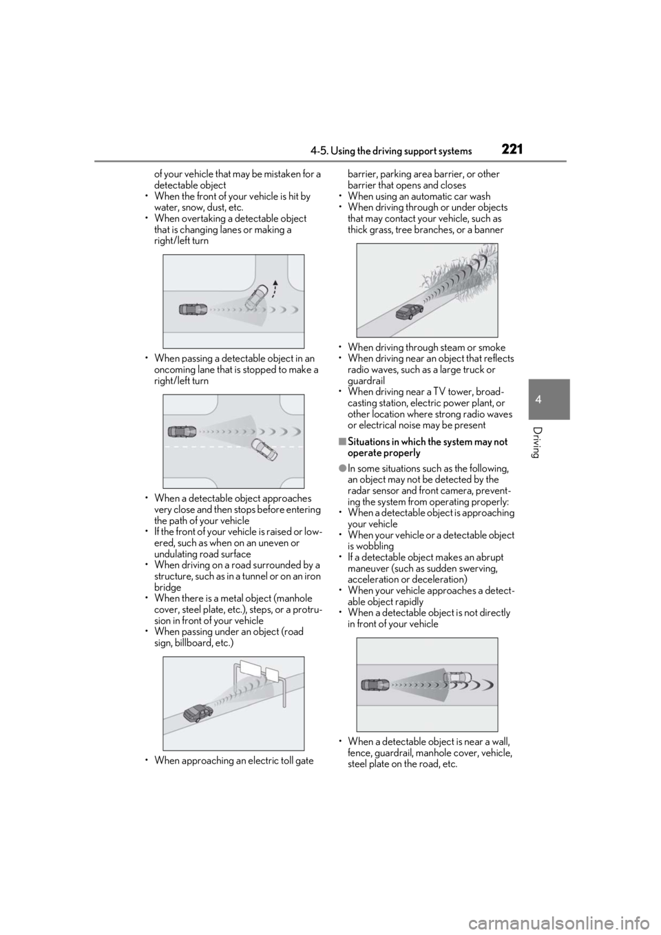 LEXUS LS500 2020 Owners Guide 2214-5. Using the driving support systems
4
Driving
of your vehicle that may be mistaken for a
detectable object
• When the front of your vehicle is hit by
water, snow, dust, etc.
• When overtak LEXUS LS500 2020 Owners Guide 2214-5. Using the driving support systems
4
Driving
of your vehicle that may be mistaken for a
detectable object
• When the front of your vehicle is hit by
water, snow, dust, etc.
• When overtak