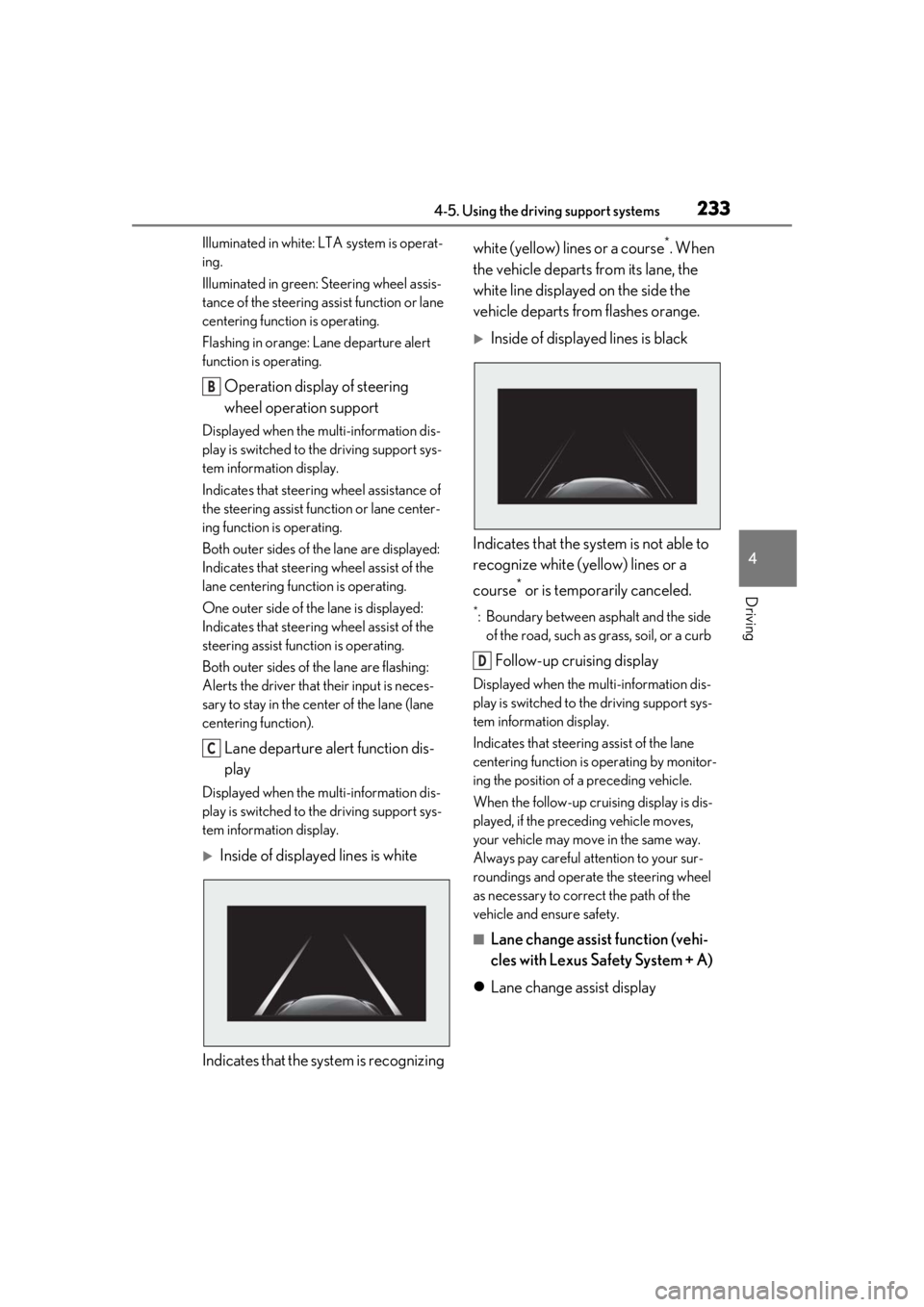 LEXUS LS500 2020  Owners Manual 2334-5. Using the driving support systems
4
Driving
Illuminated in white: LTA system is operat-
ing.
Illuminated in green: Steering wheel assis-
tance of the steering assist function or lane 
centerin