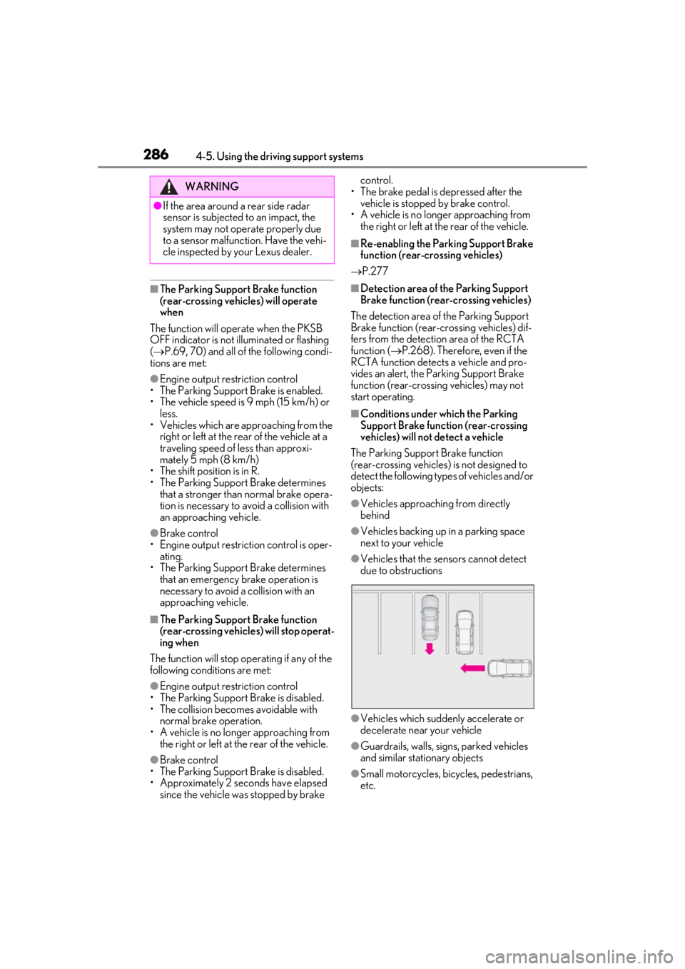 LEXUS LS500 2020 User Guide 2864-5. Using the driving support systems
■The Parking Support Brake function
(rear-crossing vehicles) will operate
when
The function will operate when the PKSB
OFF indicator is not illuminated o LEXUS LS500 2020 User Guide 2864-5. Using the driving support systems
■The Parking Support Brake function
(rear-crossing vehicles) will operate
when
The function will operate when the PKSB
OFF indicator is not illuminated o