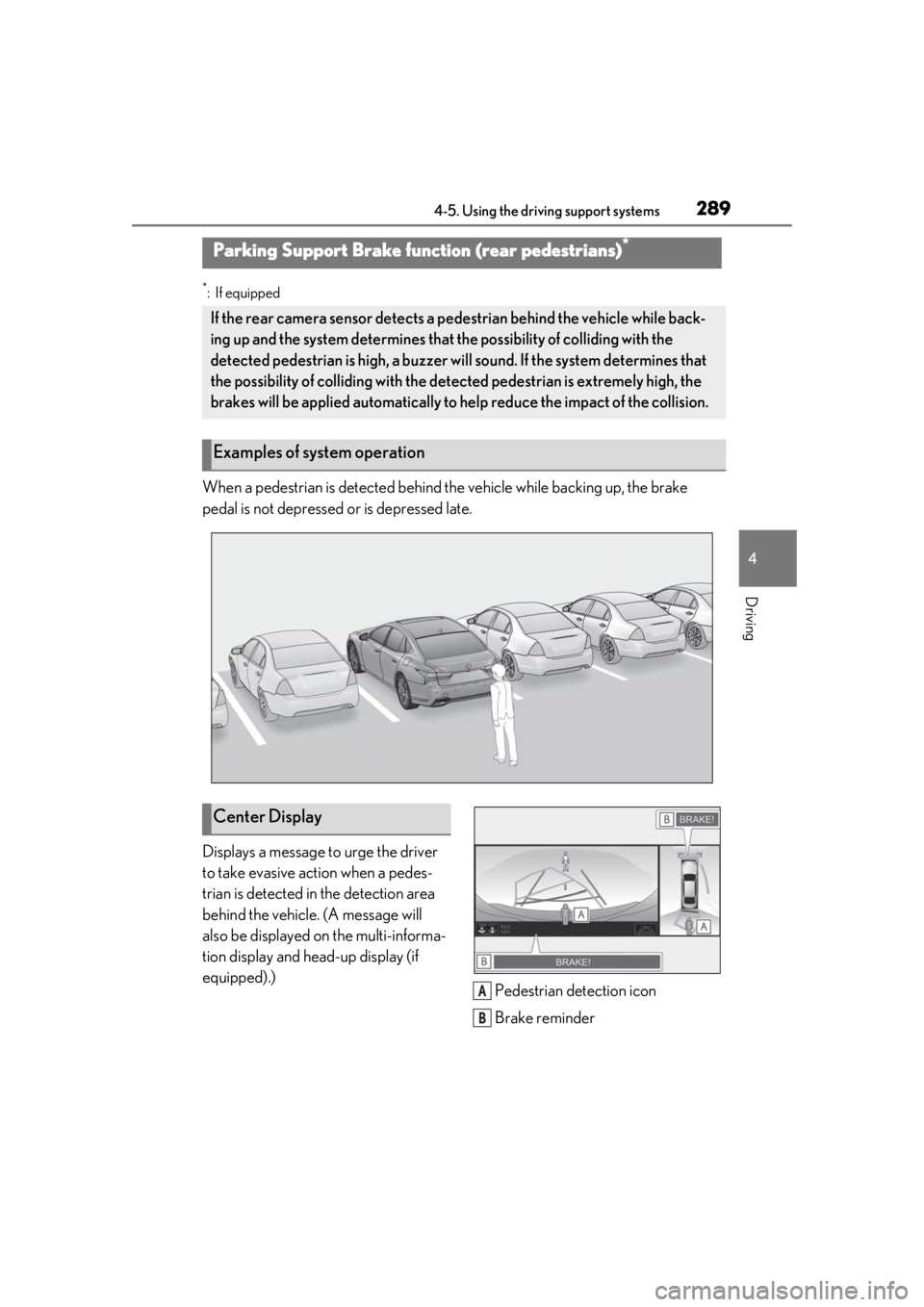 LEXUS LS500 2020 Owners Manual 2894-5. Using the driving support systems
4
Driving
*:If equipped
When a pedestrian is detected behind the vehicle while backing up, the brake
pedal is not depressed or is depressed late.
Displays a LEXUS LS500 2020 Owners Manual 2894-5. Using the driving support systems
4
Driving
*:If equipped
When a pedestrian is detected behind the vehicle while backing up, the brake
pedal is not depressed or is depressed late.
Displays a