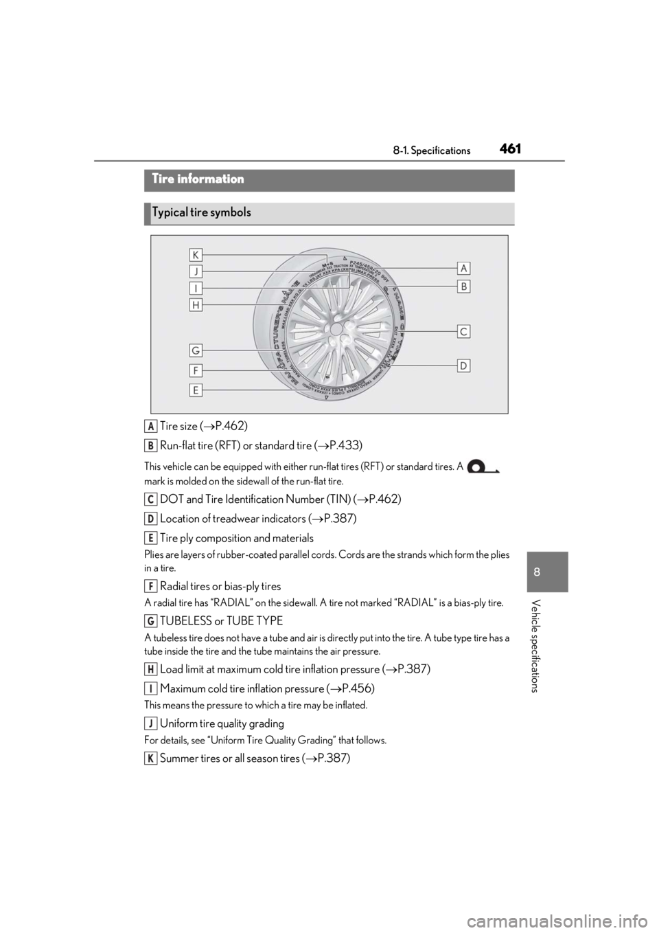 LEXUS LS500 2020 Owners Manual 4618-1. Specifications
8
Vehicle specifications
Tire size (P.462)
Run-flat tire (RFT) or standard tire ( P.433)
This vehicle can be equipped with either run-flat tires (RFT) or standard tires. A LEXUS LS500 2020 Owners Manual 4618-1. Specifications
8
Vehicle specifications
Tire size (P.462)
Run-flat tire (RFT) or standard tire ( P.433)
This vehicle can be equipped with either run-flat tires (RFT) or standard tires. A
