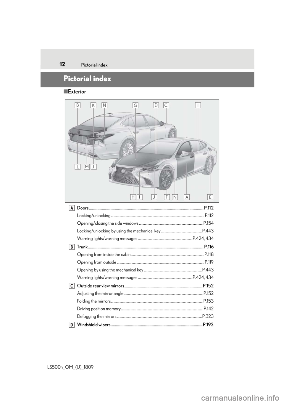 LEXUS LS500H 2019 User Guide 12Pictorial index
LS500h_OM_(U)_1809
Pictorial index
■ Exterior
Doors .......................................................................................................................... . P.1 LEXUS LS500H 2019 User Guide 12Pictorial index
LS500h_OM_(U)_1809
Pictorial index
■ Exterior
Doors .......................................................................................................................... . P.1