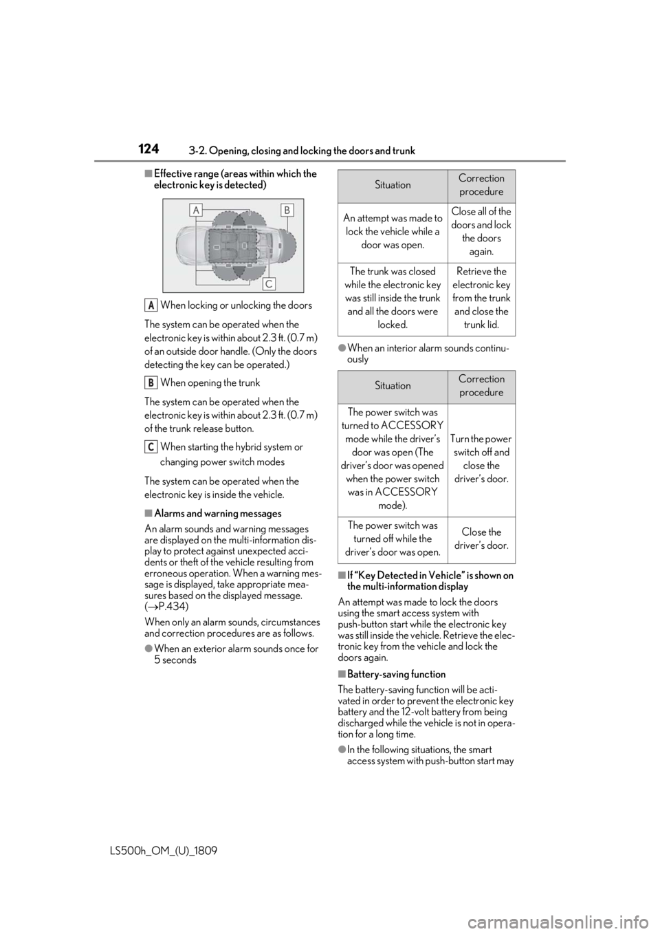 LEXUS LS500H 2019 Owners Manual 1243-2. Opening, closing and locking the doors and trunk
LS500h_OM_(U)_1809
■Effective range (areas within which the
electronic key is detected)When locking or unlocking the doors
The system can be LEXUS LS500H 2019 Owners Manual 1243-2. Opening, closing and locking the doors and trunk
LS500h_OM_(U)_1809
■Effective range (areas within which the
electronic key is detected)When locking or unlocking the doors
The system can be