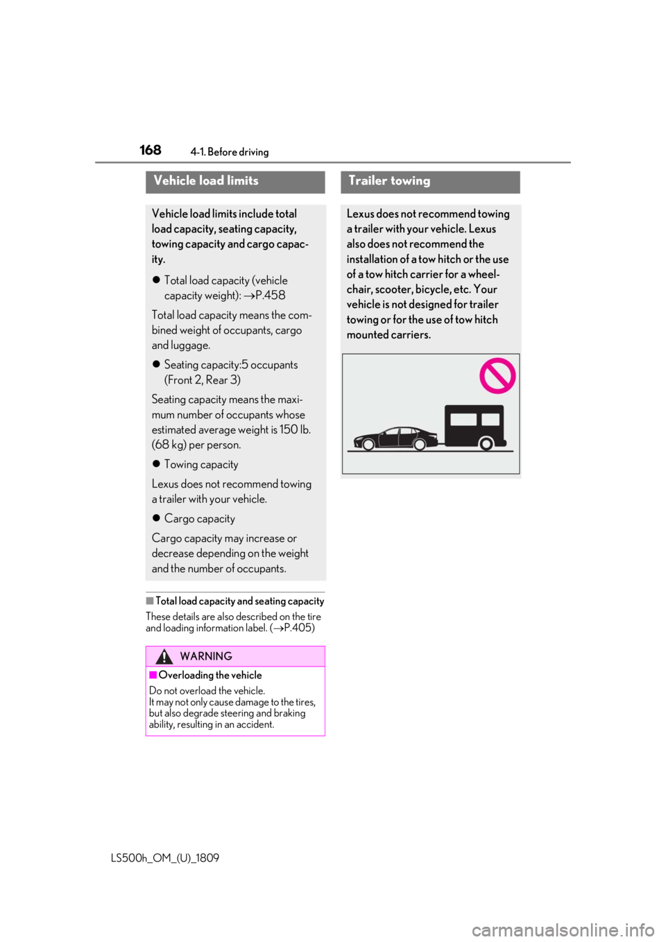 LEXUS LS500H 2019 Owners Manual 1684-1. Before driving
LS500h_OM_(U)_1809
■Total load capacity and seating capacity
These details are also described on the tire
and loading information label. ( P.405)
Vehicle load limits
Vehic LEXUS LS500H 2019 Owners Manual 1684-1. Before driving
LS500h_OM_(U)_1809
■Total load capacity and seating capacity
These details are also described on the tire
and loading information label. ( P.405)
Vehicle load limits
Vehic