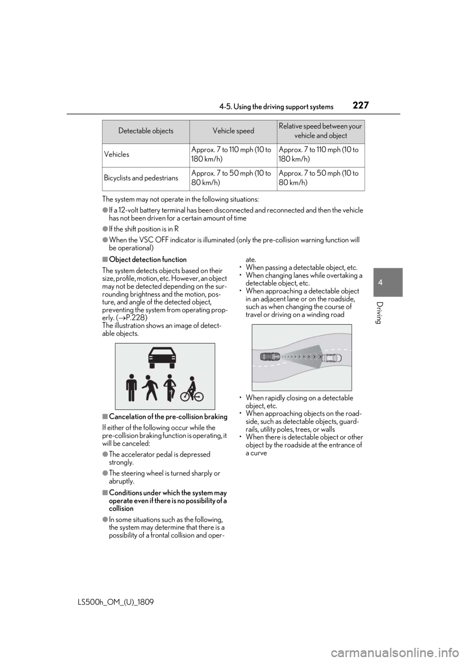 LEXUS LS500H 2019 Owners Manual 2274-5. Using the driving support systems
LS500h_OM_(U)_1809
4
Driving
The system may not operate in the following situations:
●If a 12-volt battery terminal has been disco nnected and reconnected a LEXUS LS500H 2019 Owners Manual 2274-5. Using the driving support systems
LS500h_OM_(U)_1809
4
Driving
The system may not operate in the following situations:
●If a 12-volt battery terminal has been disco nnected and reconnected a