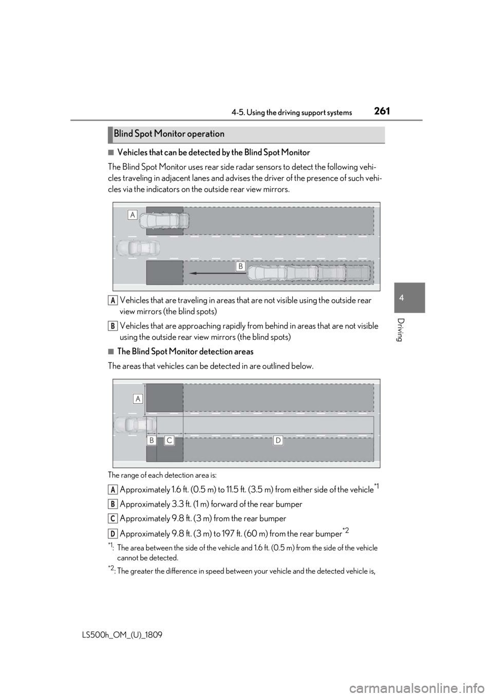 LEXUS LS500H 2019 Service Manual 2614-5. Using the driving support systems
LS500h_OM_(U)_1809
4
Driving
■Vehicles that can be detected by the Blind Spot Monitor
The Blind Spot Monitor uses rear side radar sensors to detect the fol LEXUS LS500H 2019 Service Manual 2614-5. Using the driving support systems
LS500h_OM_(U)_1809
4
Driving
■Vehicles that can be detected by the Blind Spot Monitor
The Blind Spot Monitor uses rear side radar sensors to detect the fol