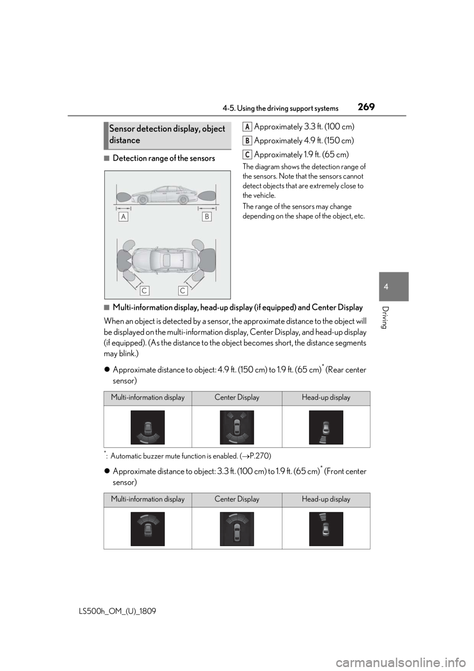 LEXUS LS500H 2019 Workshop Manual 2694-5. Using the driving support systems
LS500h_OM_(U)_1809
4
Driving
■Detection range of the sensors Approximately 3.3 ft. (100 cm)
Approximately 4.9 ft. (150 cm)
Approximately 1.9 ft. (65 cm)
The LEXUS LS500H 2019 Workshop Manual 2694-5. Using the driving support systems
LS500h_OM_(U)_1809
4
Driving
■Detection range of the sensors Approximately 3.3 ft. (100 cm)
Approximately 4.9 ft. (150 cm)
Approximately 1.9 ft. (65 cm)
The