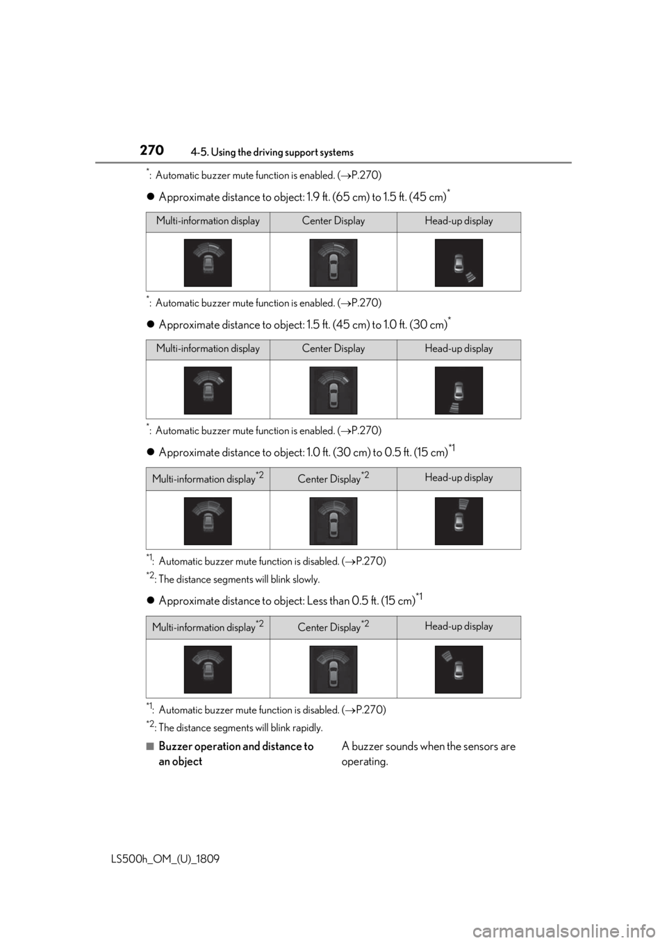 LEXUS LS500H 2019 Workshop Manual 2704-5. Using the driving support systems
LS500h_OM_(U)_1809
*: Automatic buzzer mute function is enabled. (P.270)
Approximate distance to object: 1. 9 ft. (65 cm) to 1.5 ft. (45 cm)*
*: Automa LEXUS LS500H 2019 Workshop Manual 2704-5. Using the driving support systems
LS500h_OM_(U)_1809
*: Automatic buzzer mute function is enabled. (P.270)
Approximate distance to object: 1. 9 ft. (65 cm) to 1.5 ft. (45 cm)*
*: Automa