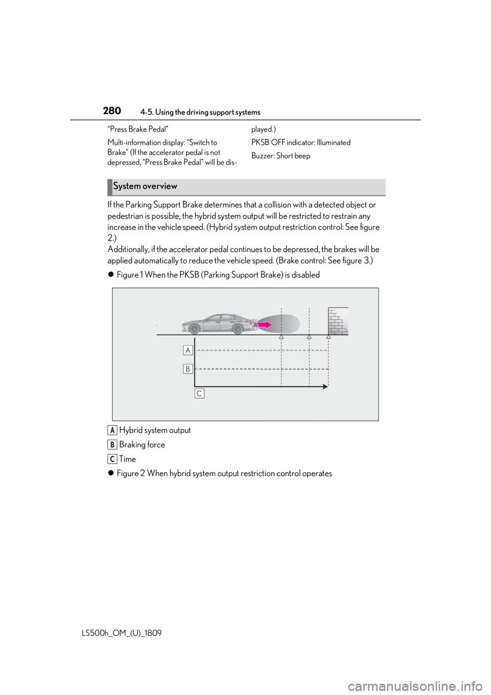 LEXUS LS500H 2019  Owners Manual 2804-5. Using the driving support systems
LS500h_OM_(U)_1809“Press Brake Pedal”
Multi-information display: “Switch to 
Brake” (If the accelerator pedal is not 
depressed, “Press Brake Pedal