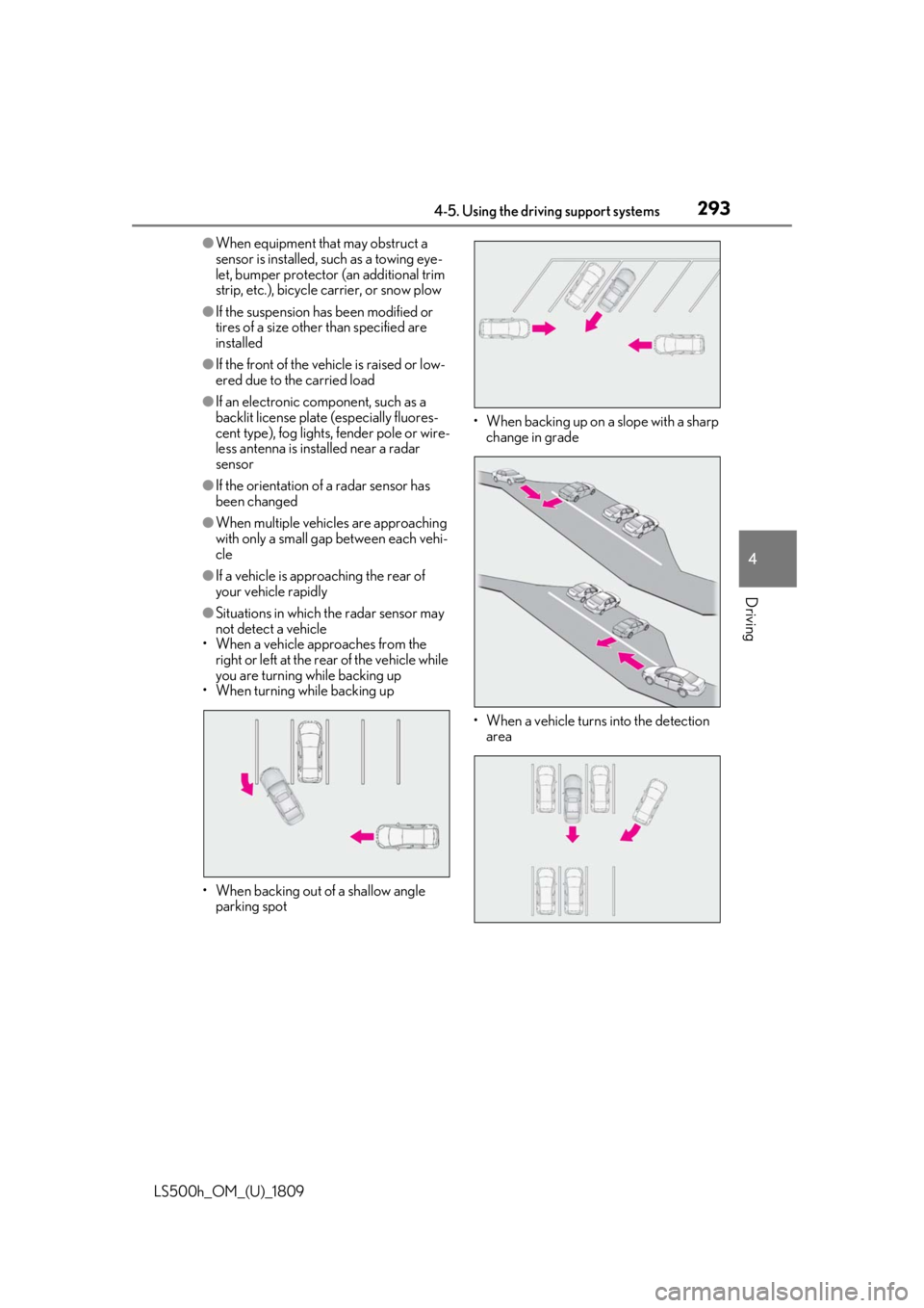 LEXUS LS500H 2019 Manual PDF 2934-5. Using the driving support systems
LS500h_OM_(U)_1809
4
Driving
●When equipment that may obstruct a
sensor is installed, such as a towing eye-
let, bumper protector (an additional trim
stri LEXUS LS500H 2019 Manual PDF 2934-5. Using the driving support systems
LS500h_OM_(U)_1809
4
Driving
●When equipment that may obstruct a
sensor is installed, such as a towing eye-
let, bumper protector (an additional trim
stri