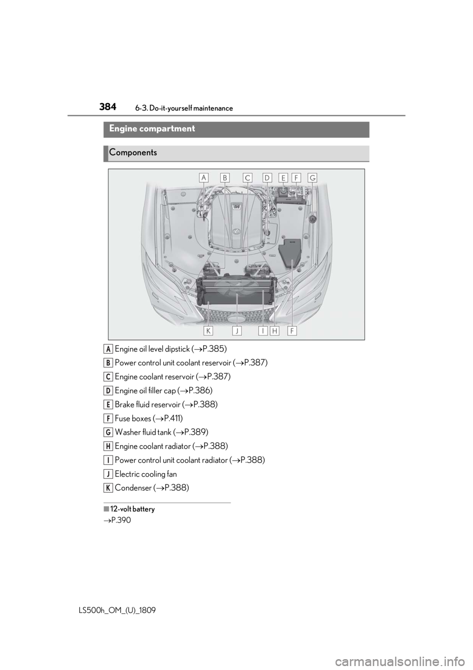 LEXUS LS500H 2019 Owners Manual 3846-3. Do-it-yourself maintenance
LS500h_OM_(U)_1809
Engine oil level dipstick (P.385)
Power control unit coolant reservoir ( P.387)
Engine coolant reservoir ( P.387)
Engine oil filler cap ( LEXUS LS500H 2019 Owners Manual 3846-3. Do-it-yourself maintenance
LS500h_OM_(U)_1809
Engine oil level dipstick (P.385)
Power control unit coolant reservoir ( P.387)
Engine coolant reservoir ( P.387)
Engine oil filler cap (