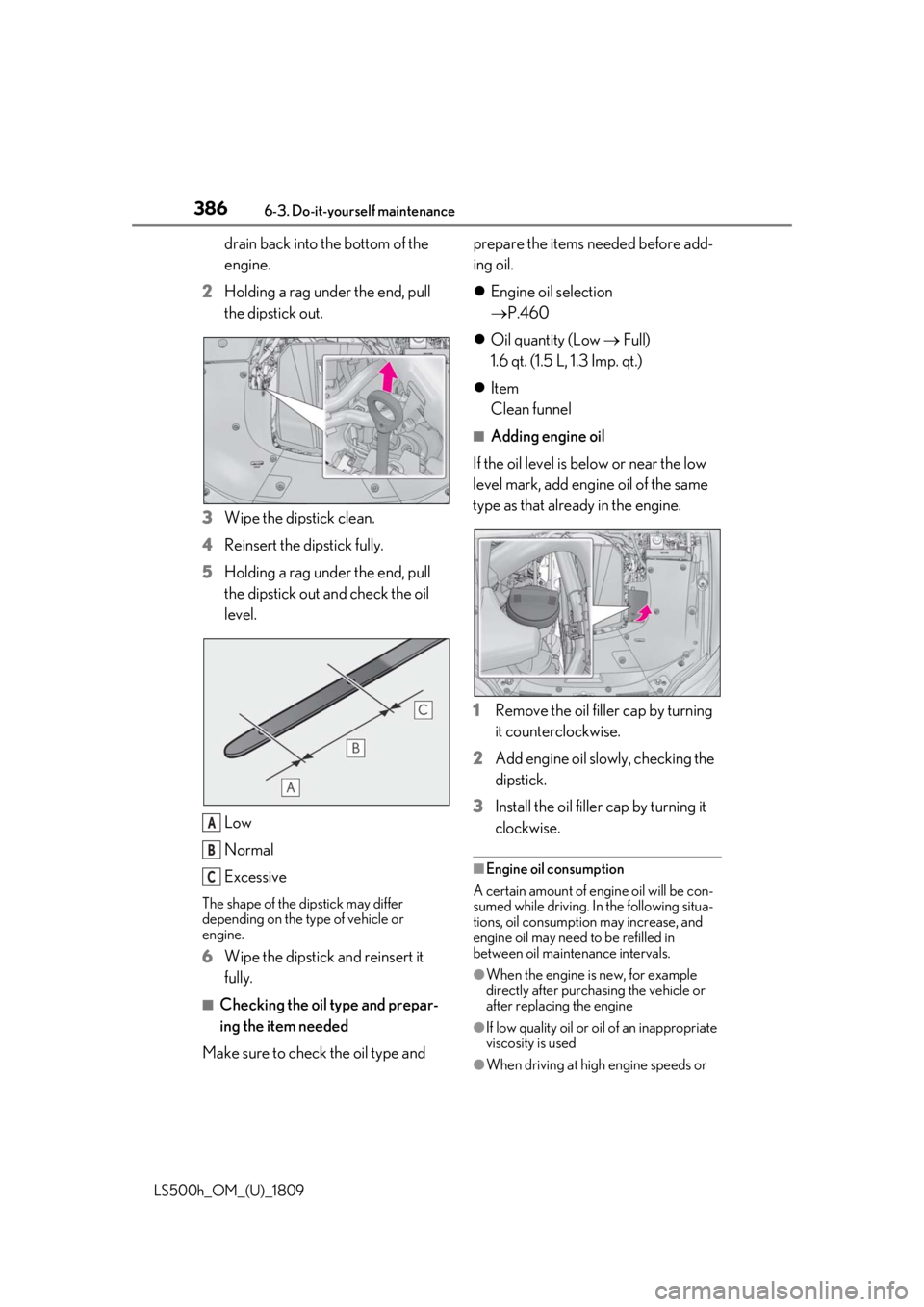 LEXUS LS500H 2019 Owners Manual 3866-3. Do-it-yourself maintenance
LS500h_OM_(U)_1809
drain back into the bottom of the
engine.
2 Holding a rag under the end, pull
the dipstick out.
3 Wipe the dipstick clean.
4 Reinsert the dipsti LEXUS LS500H 2019 Owners Manual 3866-3. Do-it-yourself maintenance
LS500h_OM_(U)_1809
drain back into the bottom of the
engine.
2 Holding a rag under the end, pull
the dipstick out.
3 Wipe the dipstick clean.
4 Reinsert the dipsti