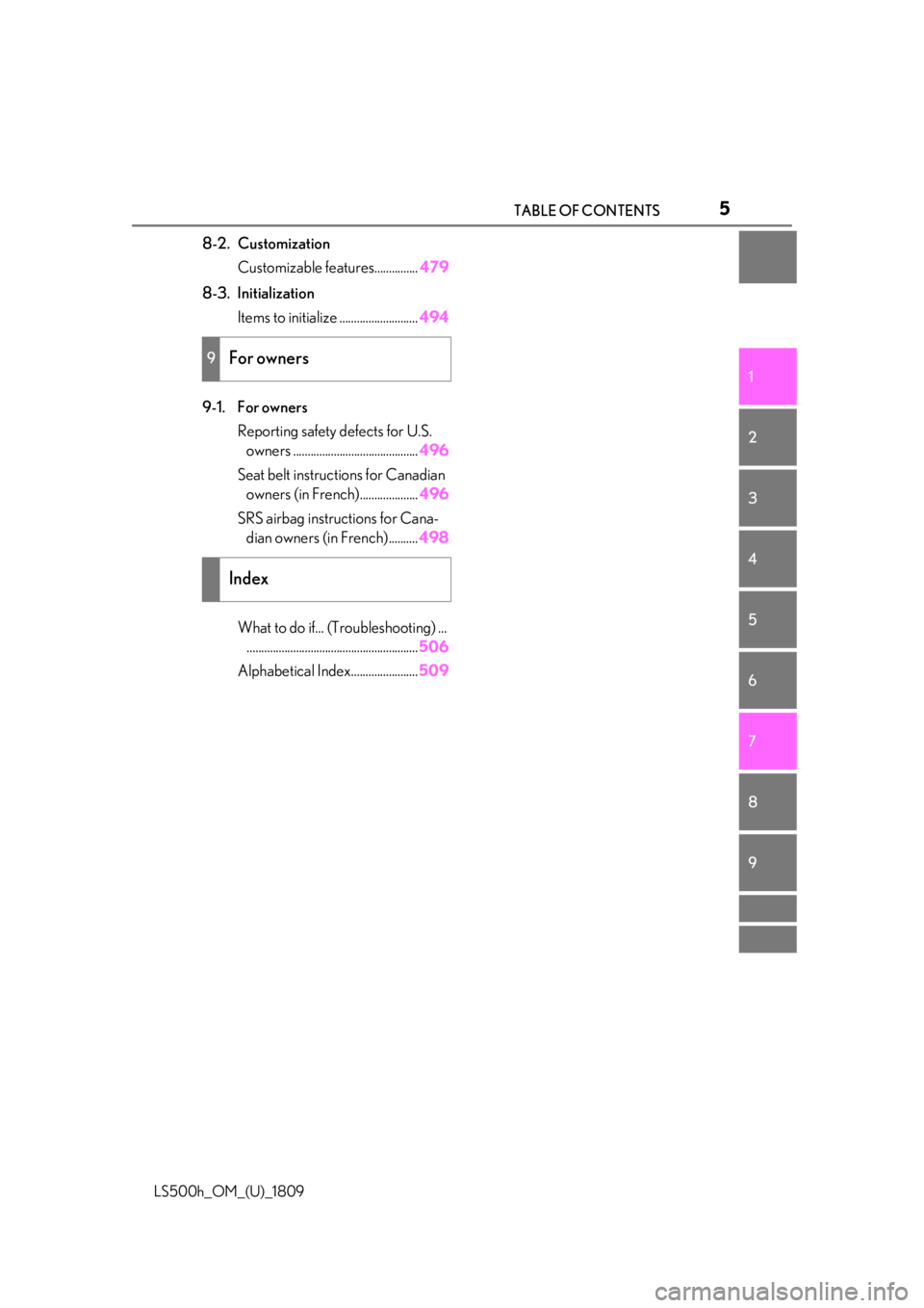 LEXUS LS500H 2019 Owners Manual 5TABLE OF CONTENTS
LS500h_OM_(U)_1809
1
2
3
4
5
6
7
8
9
8-2. Customization Customizable features............... 479
8-3. Initialization Items to initialize ........................... 494
9-1. For own LEXUS LS500H 2019 Owners Manual 5TABLE OF CONTENTS
LS500h_OM_(U)_1809
1
2
3
4
5
6
7
8
9
8-2. Customization Customizable features............... 479
8-3. Initialization Items to initialize ........................... 494
9-1. For own