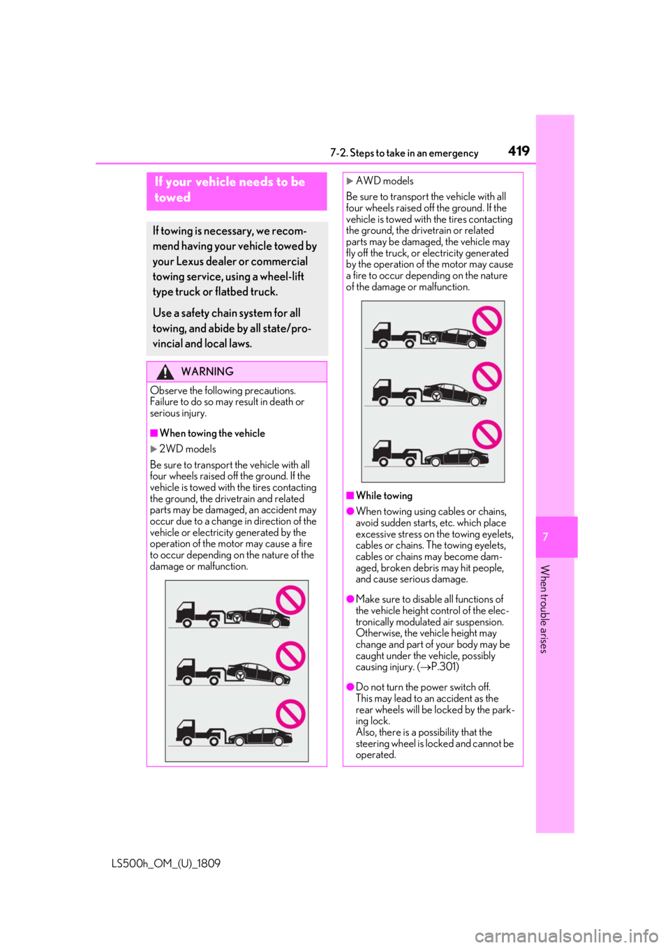 LEXUS LS500H 2019  Owners Manual 4197-2. Steps to take in an emergency
LS500h_OM_(U)_1809
7
When trouble arises
7-2.Steps to take in an emergency
If your vehicle needs to be 
towed
If towing is ne cessary, we recom-
mend having your 