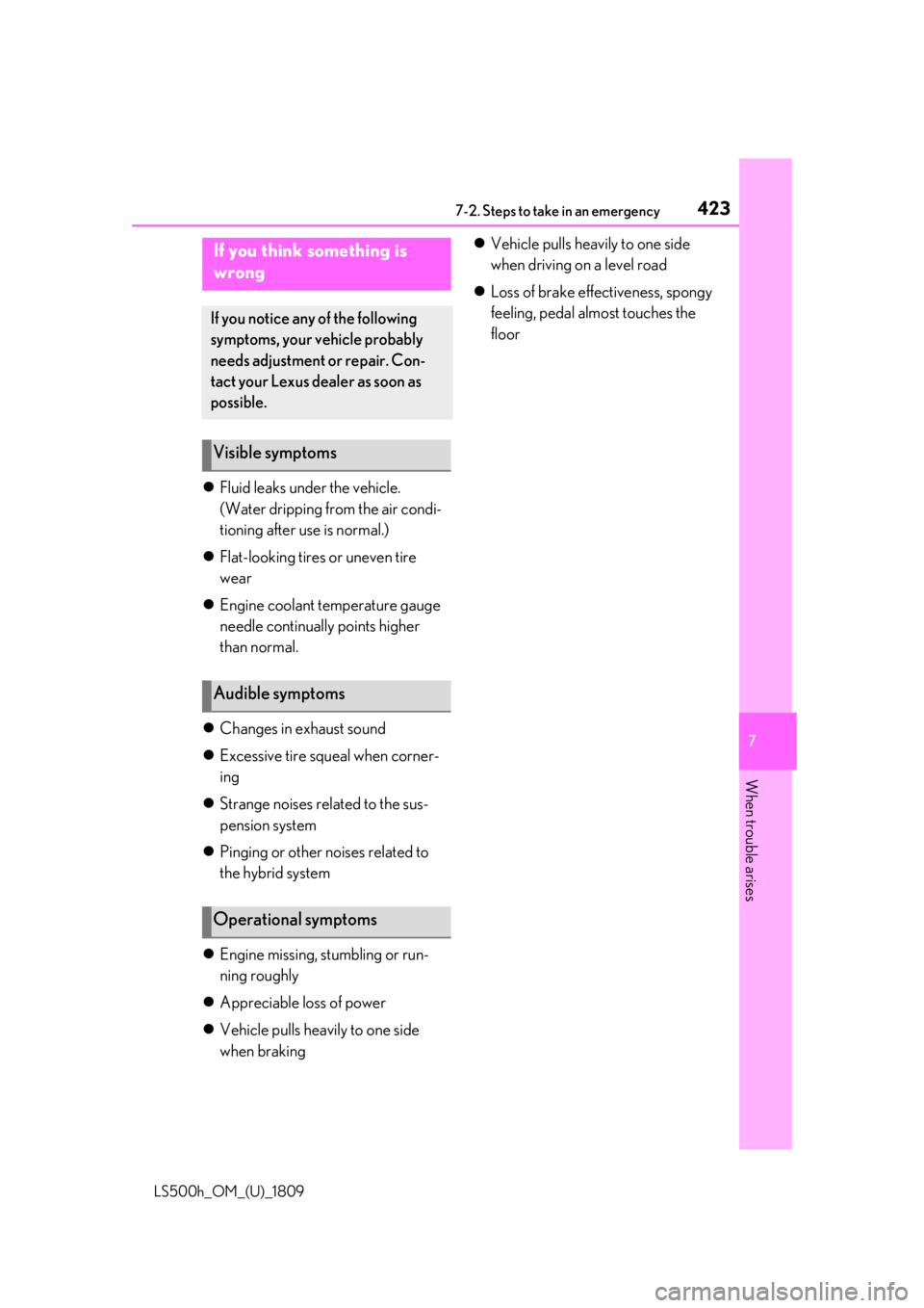 LEXUS LS500H 2019  Owners Manual 4237-2. Steps to take in an emergency
LS500h_OM_(U)_1809
7
When trouble arises
 Fluid leaks under the vehicle.
(Water dripping from the air condi-
tioning after use is normal.)
 Flat-looking tir