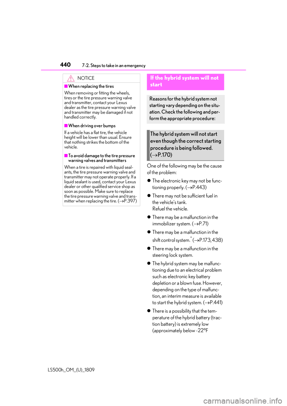 LEXUS LS500H 2019  Owners Manual 4407-2. Steps to take in an emergency
LS500h_OM_(U)_1809
One of the following may be the cause 
of the problem:
The electronic key may not be func-
tioning properly. ( P.443)
 There may not b
