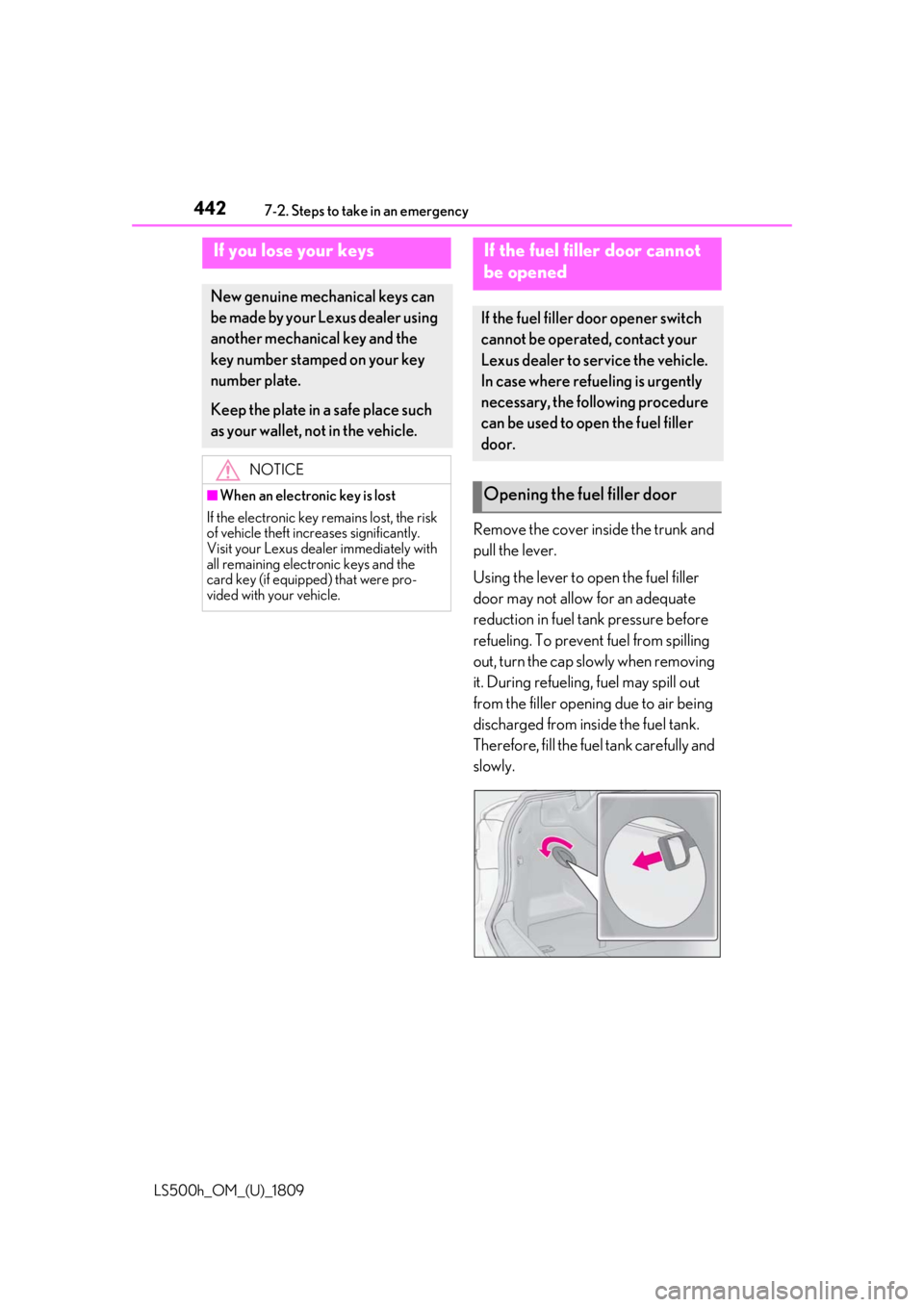 LEXUS LS500H 2019 Owners Manual 4427-2. Steps to take in an emergency
LS500h_OM_(U)_1809
Remove the cover inside the trunk and
pull the lever.
Using the lever to open the fuel filler
door may not allow for an adequate
reduction i LEXUS LS500H 2019 Owners Manual 4427-2. Steps to take in an emergency
LS500h_OM_(U)_1809
Remove the cover inside the trunk and
pull the lever.
Using the lever to open the fuel filler
door may not allow for an adequate
reduction i