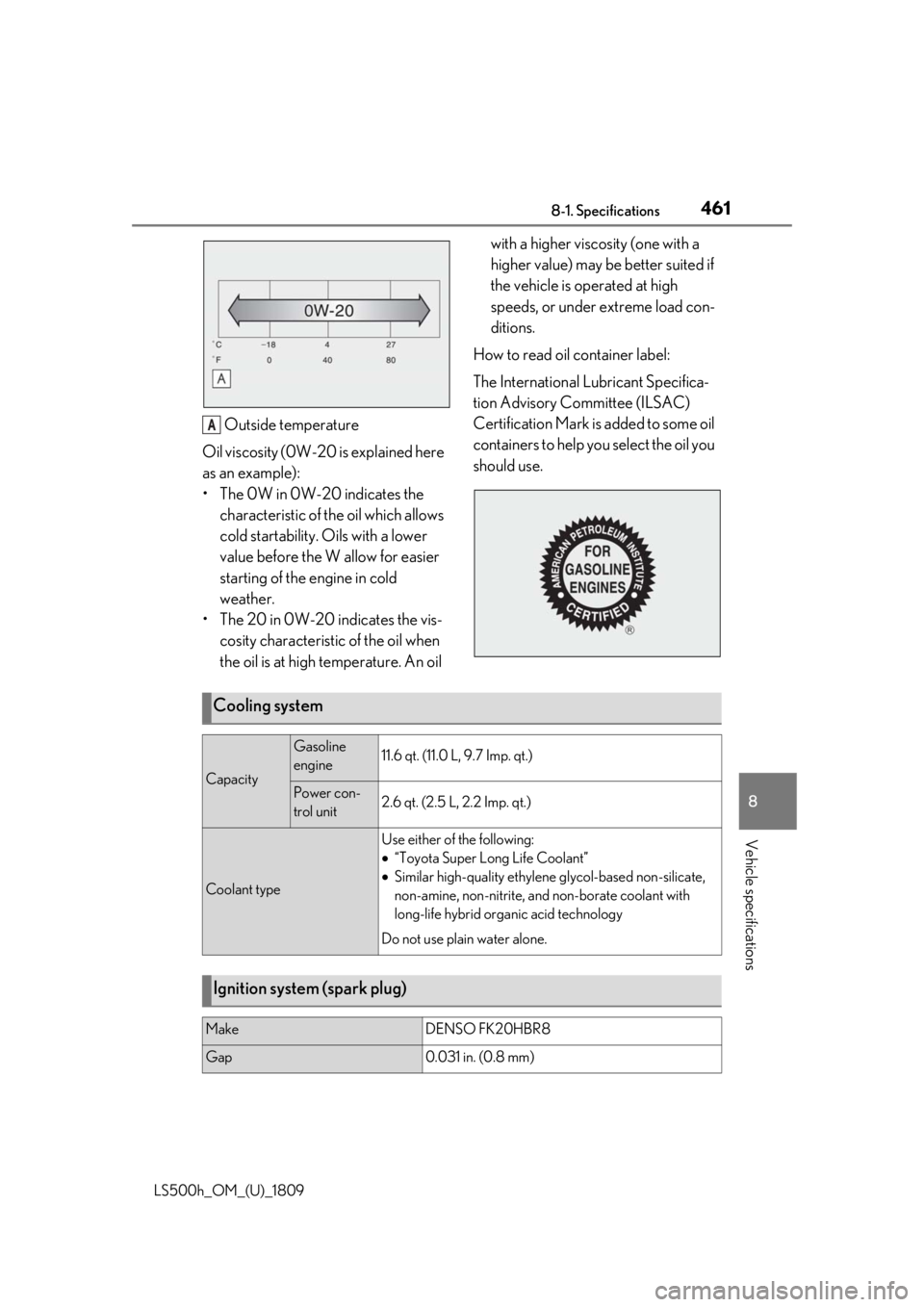 LEXUS LS500H 2019 Owners Manual 4618-1. Specifications
LS500h_OM_(U)_1809
8
Vehicle specifications
Outside temperature
Oil viscosity (0W-20 is explained here
as an example):
• The 0W in 0W-20 indicates the characteristic of the LEXUS LS500H 2019 Owners Manual 4618-1. Specifications
LS500h_OM_(U)_1809
8
Vehicle specifications
Outside temperature
Oil viscosity (0W-20 is explained here
as an example):
• The 0W in 0W-20 indicates the characteristic of the