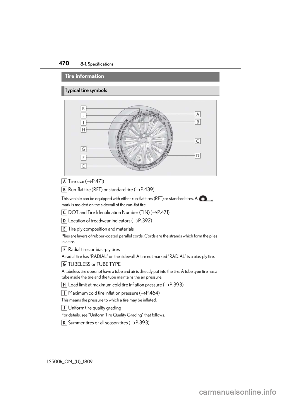 LEXUS LS500H 2019 Owners Manual 4708-1. Specifications
LS500h_OM_(U)_1809
Tire size (P.471)
Run-flat tire (RFT) or standard tire ( P.439)
This vehicle can be equipped with either run-flat tires (RFT) or standard tires. A
ma LEXUS LS500H 2019 Owners Manual 4708-1. Specifications
LS500h_OM_(U)_1809
Tire size (P.471)
Run-flat tire (RFT) or standard tire ( P.439)
This vehicle can be equipped with either run-flat tires (RFT) or standard tires. A
ma