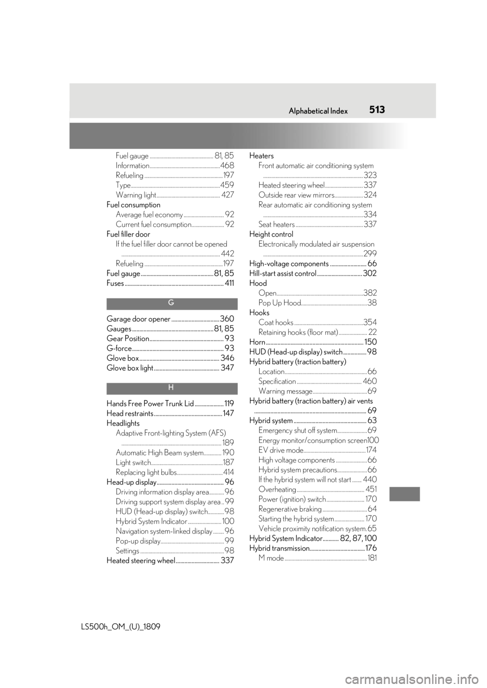 LEXUS LS500H 2019 Owners Manual 5131-1. What to do if... (Troubleshooting)
LS500h_OM_(U)_1809513Alphabetical Index
Fuel gauge ............................................... 81, 85
Information ....................................... LEXUS LS500H 2019 Owners Manual 5131-1. What to do if... (Troubleshooting)
LS500h_OM_(U)_1809513Alphabetical Index
Fuel gauge ............................................... 81, 85
Information .......................................