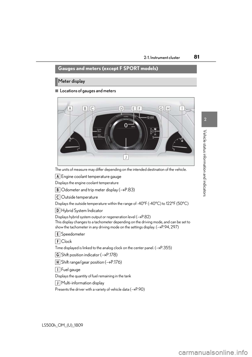 LEXUS LS500H 2019 Owners Manual 812-1. Instrument cluster
LS500h_OM_(U)_1809
2
Vehicle status information and indicators
■Locations of gauges and meters
The units of measure may differ depending on the intended destination of the LEXUS LS500H 2019 Owners Manual 812-1. Instrument cluster
LS500h_OM_(U)_1809
2
Vehicle status information and indicators
■Locations of gauges and meters
The units of measure may differ depending on the intended destination of the