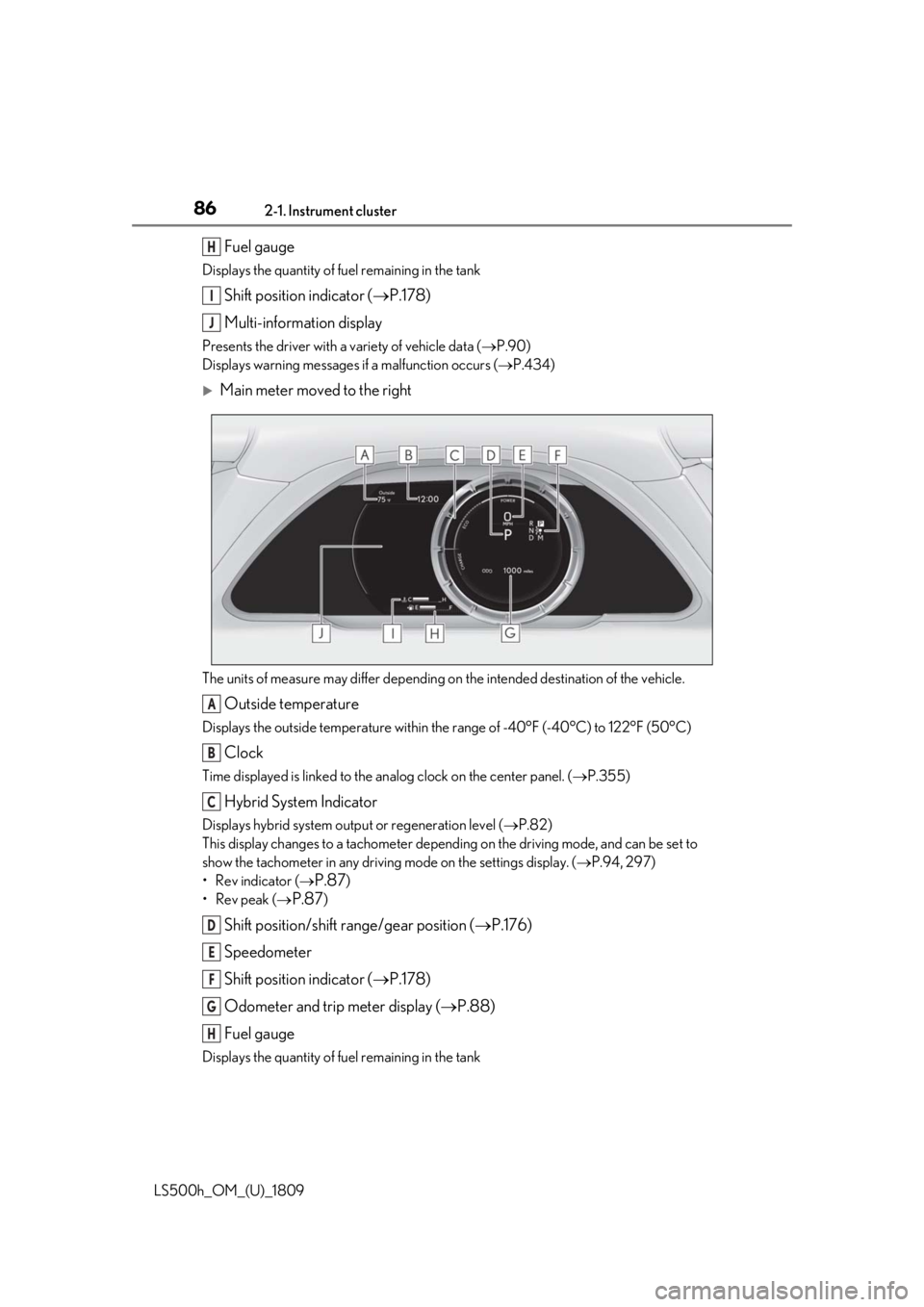 LEXUS LS500H 2019  Owners Manual 862-1. Instrument cluster
LS500h_OM_(U)_1809
Fuel gauge
Displays the quantity of fuel remaining in the tank
Shift position indicator (P.178)
Multi-information display
Presents the driver with a var