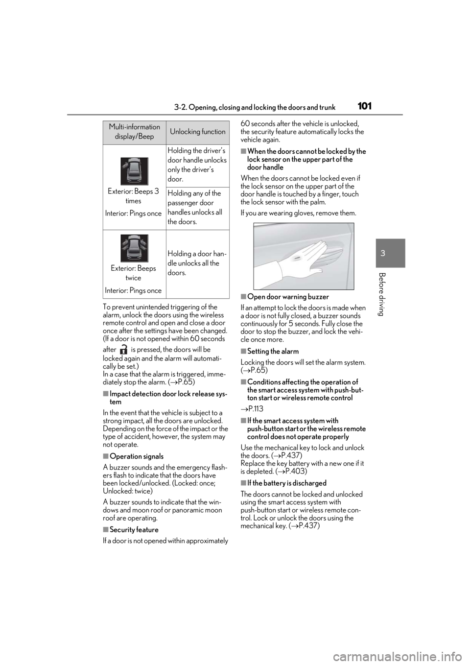 LEXUS LS500H 2020 Owners Manual 1013-2. Opening, closing and locking the doors and trunk
3
Before driving
To prevent unintended triggering of the
alarm, unlock the doors using the wireless
remote control and open and close a door LEXUS LS500H 2020 Owners Manual 1013-2. Opening, closing and locking the doors and trunk
3
Before driving
To prevent unintended triggering of the
alarm, unlock the doors using the wireless
remote control and open and close a door