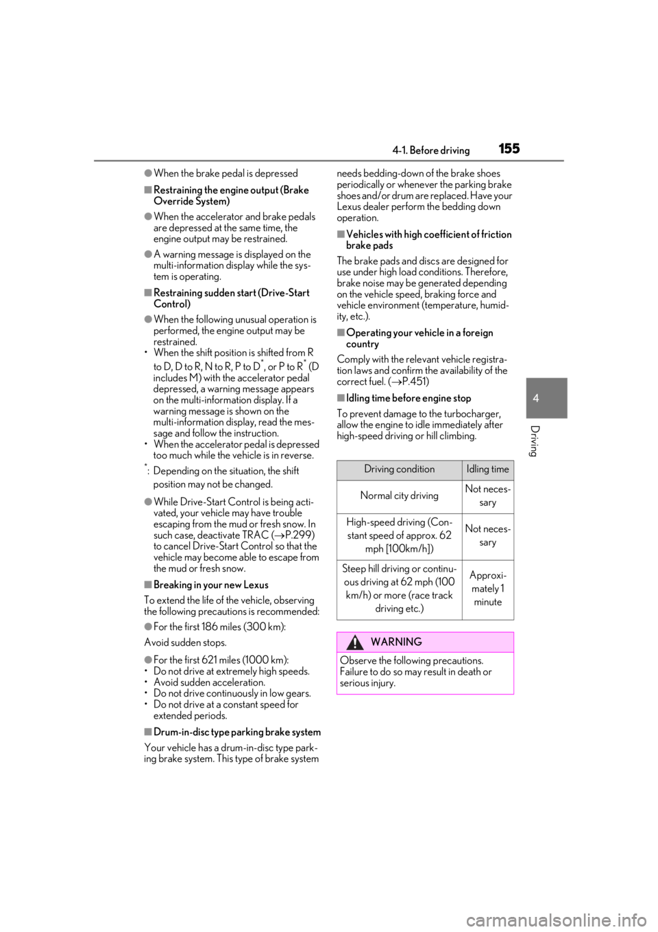 LEXUS LS500H 2020 User Guide 1554-1. Before driving
4
Driving
●When the brake pedal is depressed
■Restraining the engine output (Brake
Override System)
●When the accelerator and brake pedals
are depressed at the same time LEXUS LS500H 2020 User Guide 1554-1. Before driving
4
Driving
●When the brake pedal is depressed
■Restraining the engine output (Brake
Override System)
●When the accelerator and brake pedals
are depressed at the same time