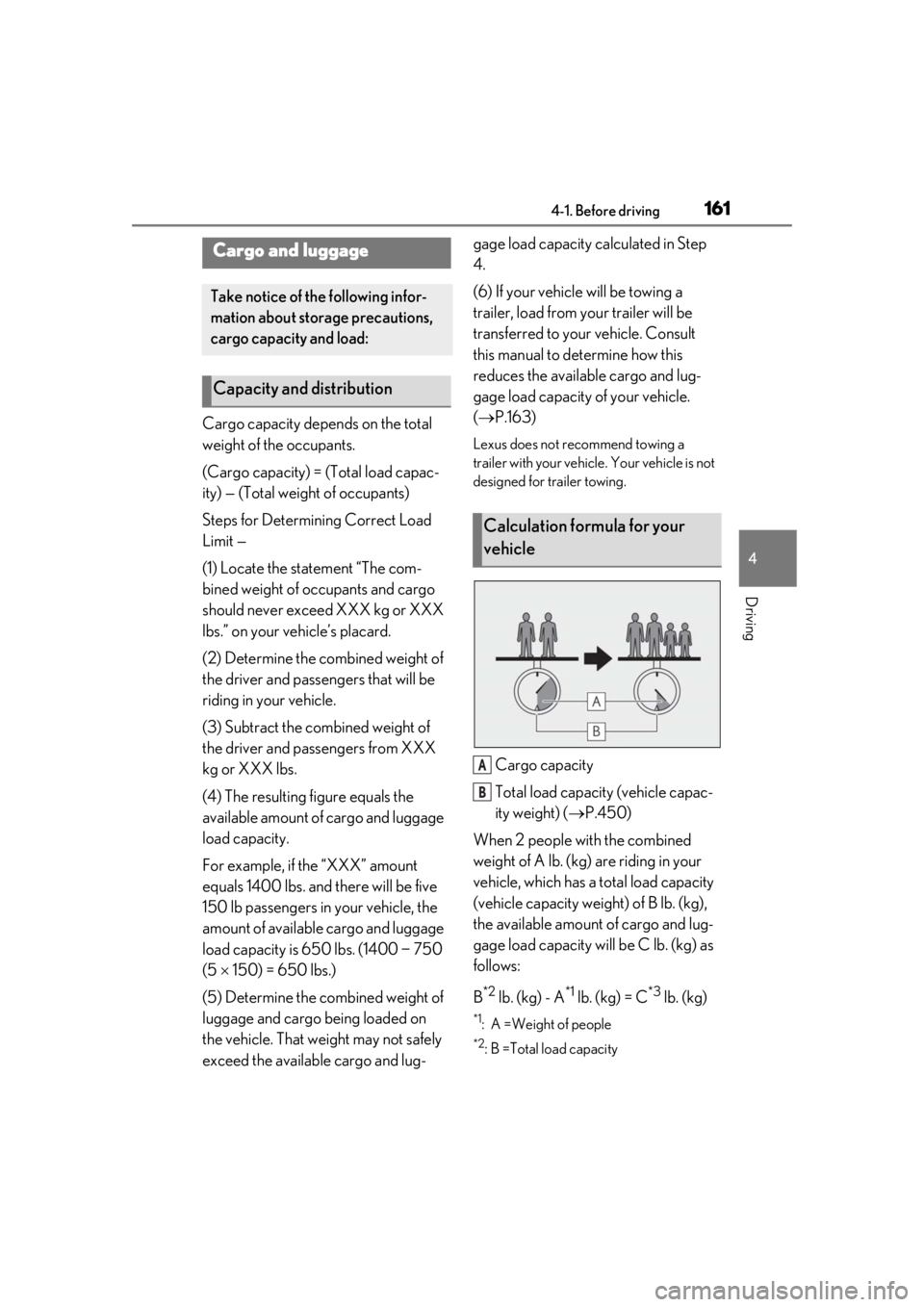 LEXUS LS500H 2020  Owners Manual 1614-1. Before driving
4
Driving
Cargo capacity depends on the total 
weight of the occupants.
(Cargo capacity) = (Total load capac-
ity) — (Total weight of occupants)
Steps for Determining Correct 