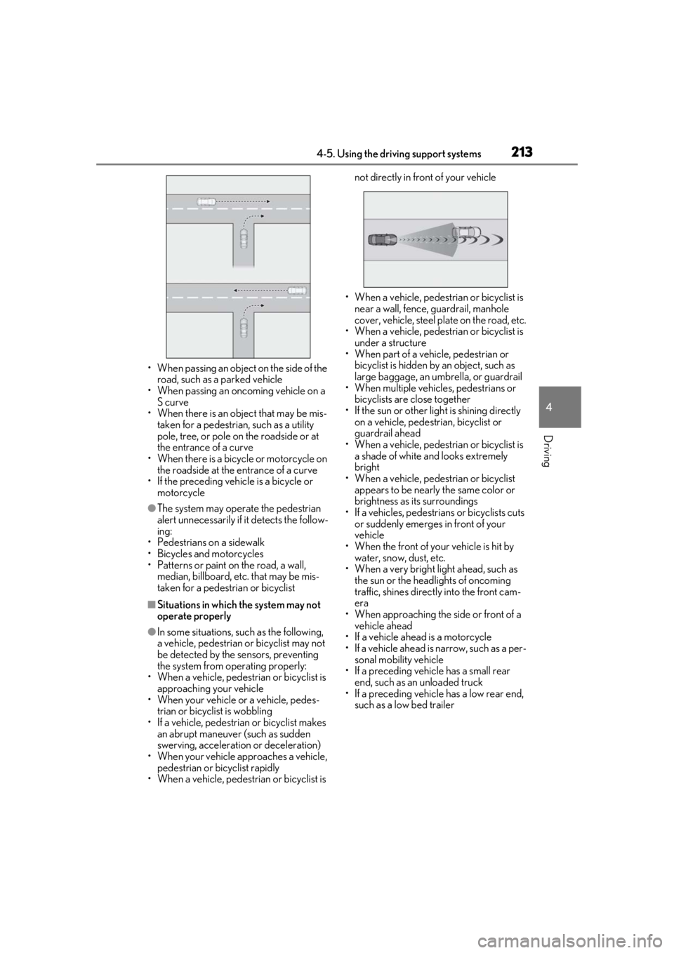 LEXUS LS500H 2020  Owners Manual 2134-5. Using the driving support systems
4
Driving
• When passing an object on the side of the 
road, such as a parked vehicle
• When passing an oncoming vehicle on a  S curve
• When there is a