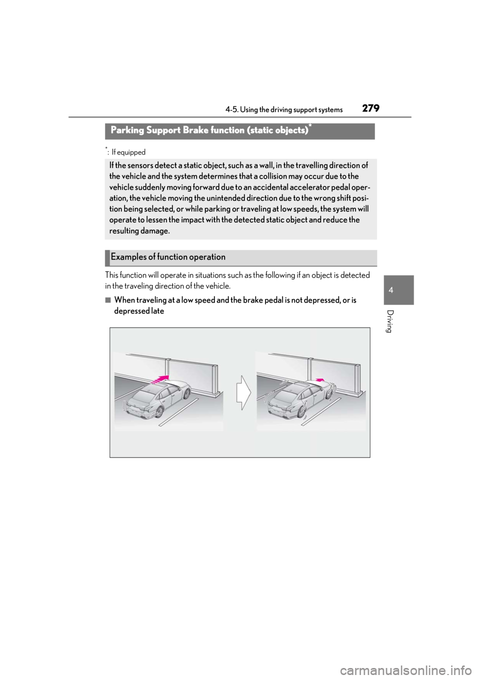 LEXUS LS500H 2020 User Guide 2794-5. Using the driving support systems
4
Driving
*:If equipped
This function will operate in situations such as the following if an object is detected 
in the traveling direction of the vehicle.
