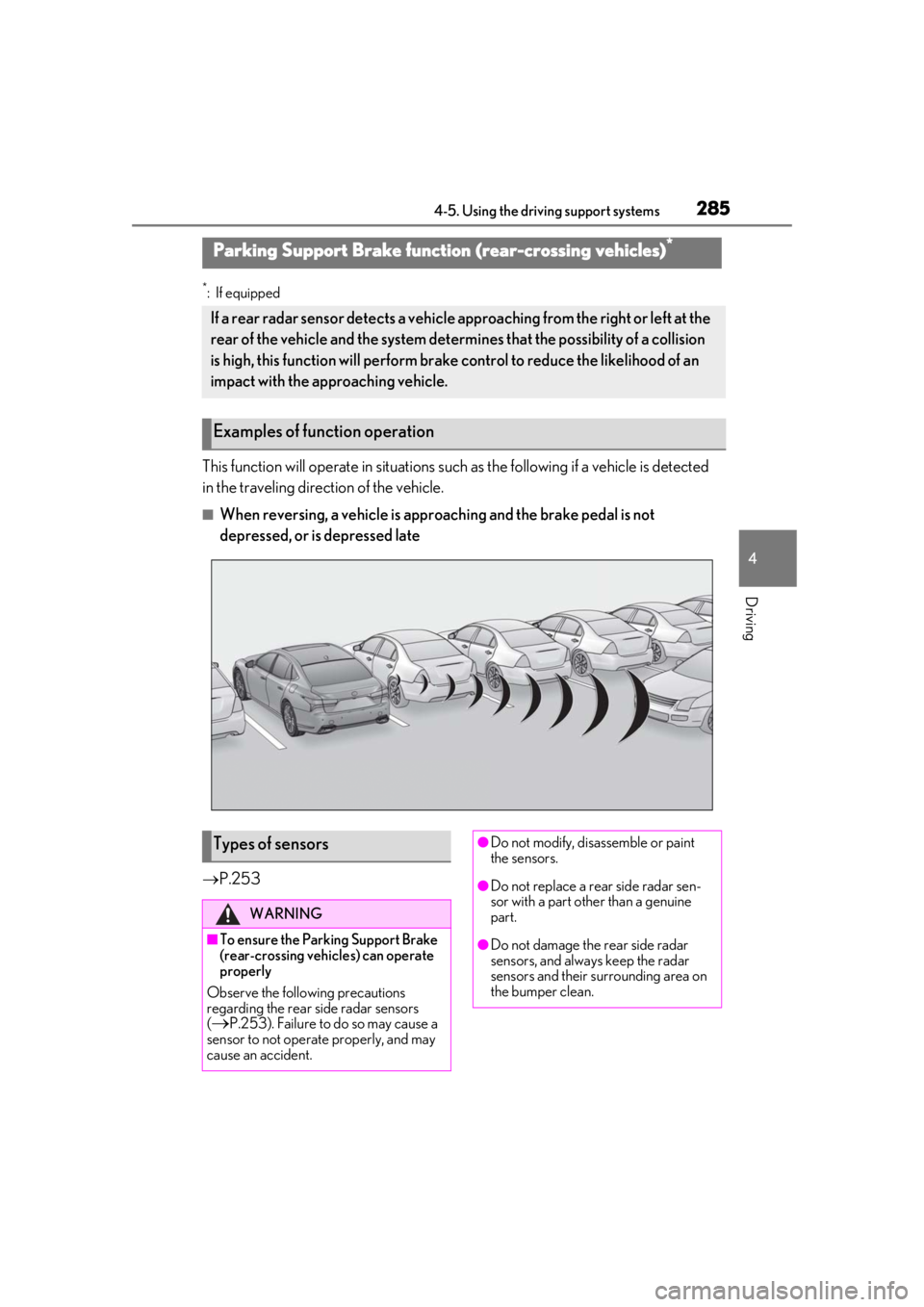 LEXUS LS500H 2020 User Guide 2854-5. Using the driving support systems
4
Driving
*: If equipped
This function will operate in situations such as the following if a vehicle is detected 
in the traveling direction of the vehicle.
